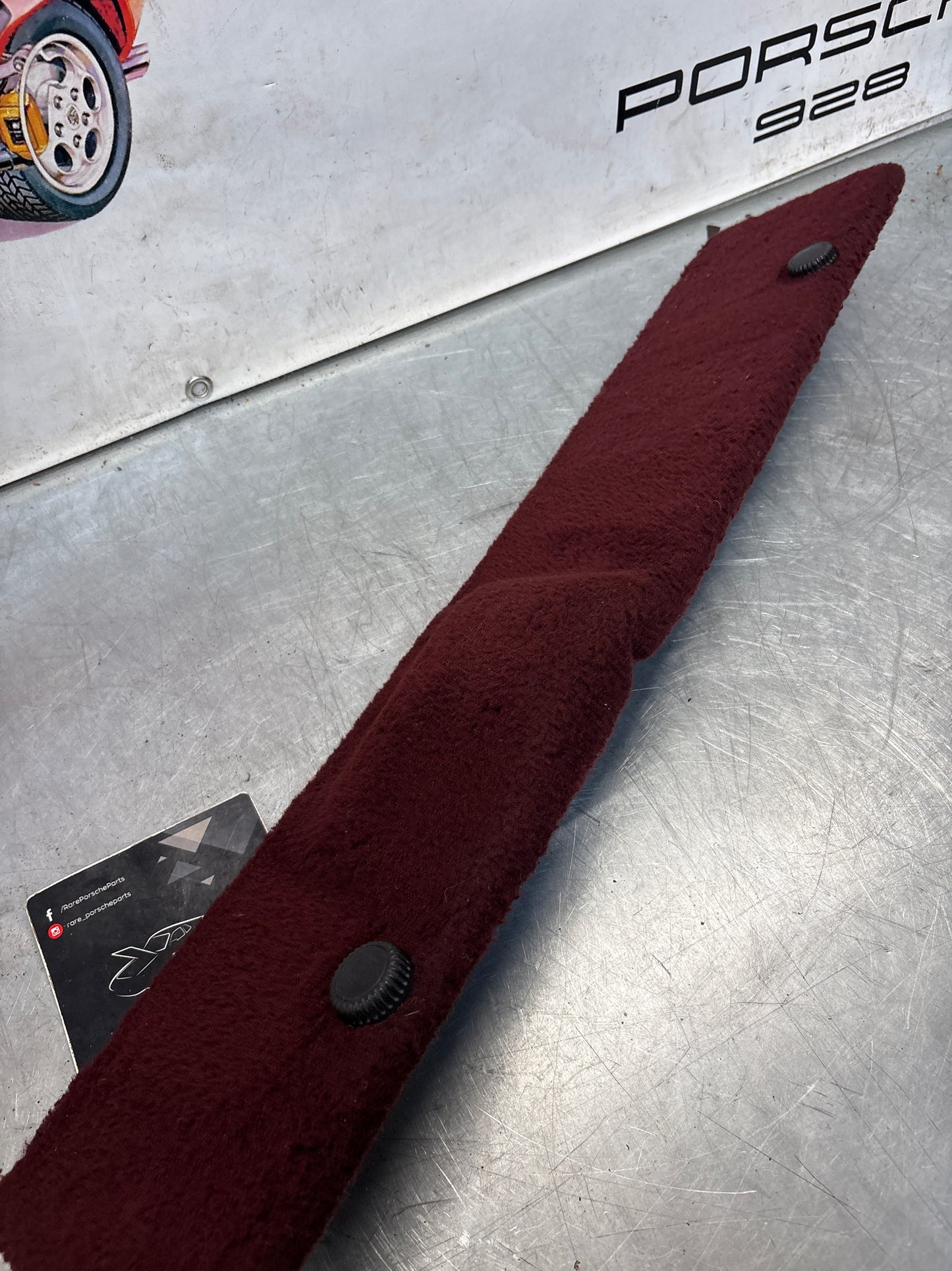 Porsche 928 burgundy carpeted Tool kit panel cover, used 92855118106
