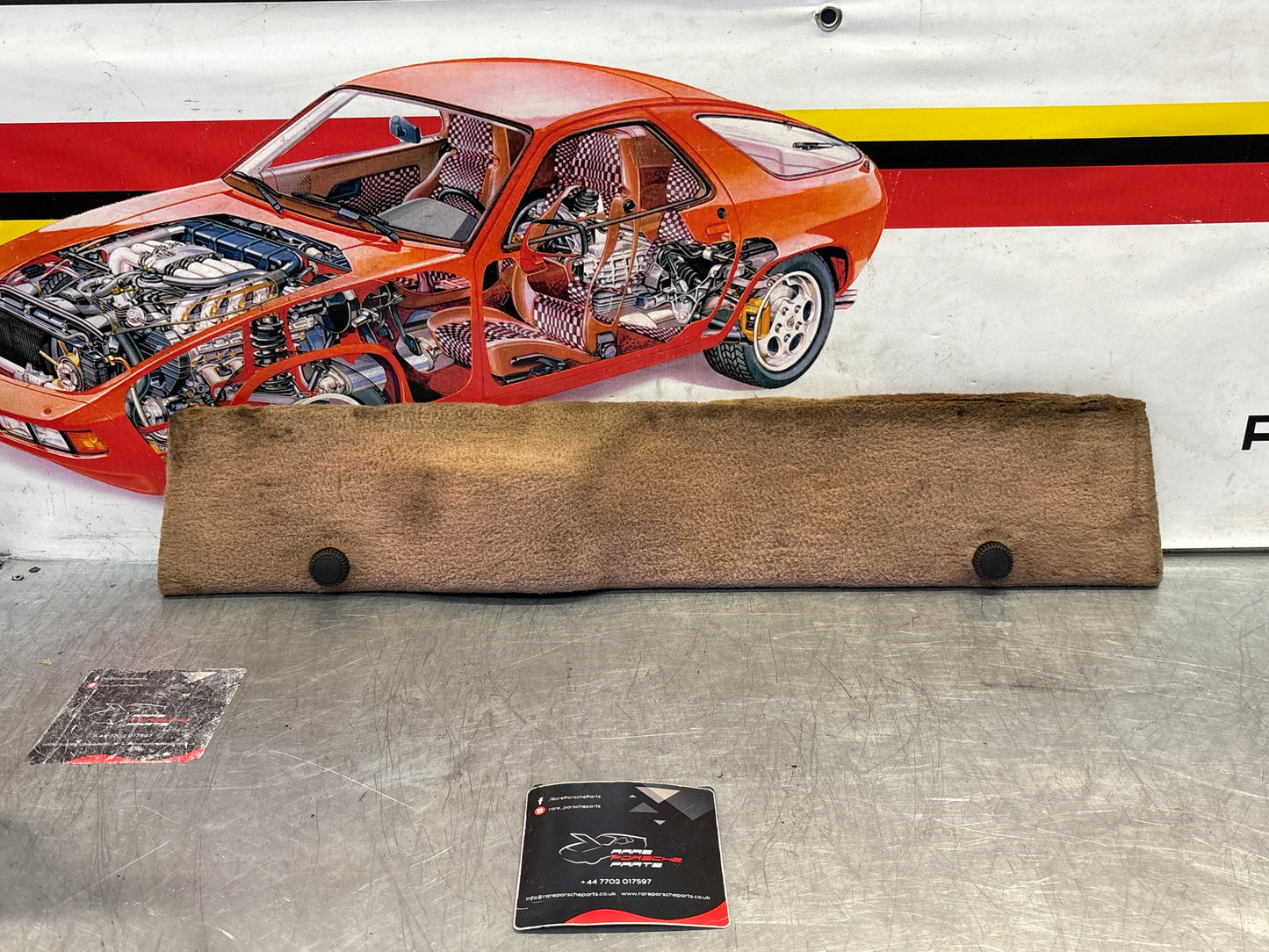 Porsche 928 greyish-beige carpeted Tool kit panel cover, used 92855118105