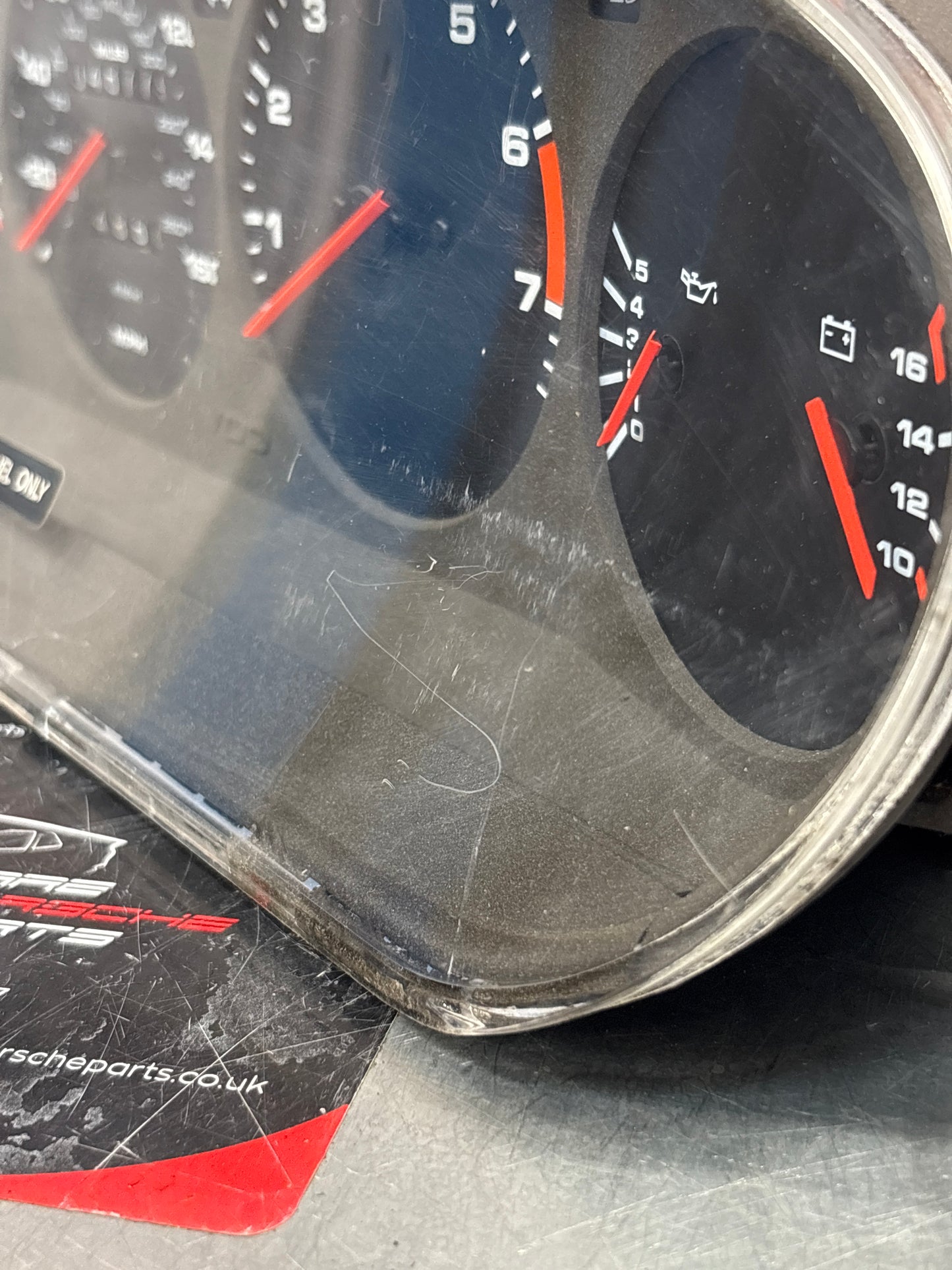 Porsche 928 dash clock binnacle pod speedometer, 92864110235 used  showing 046779 Km, plastic screen has some scratches