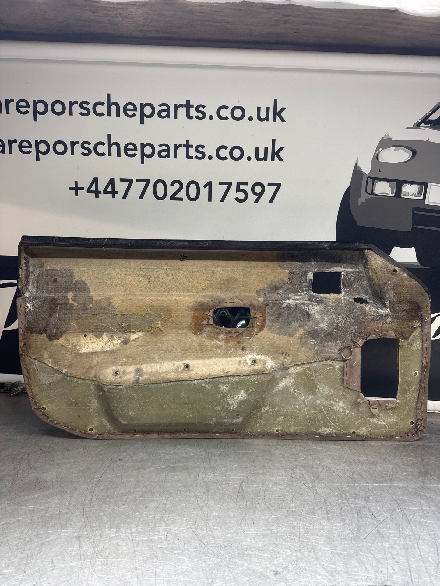 Porsche 924 / Early 944 Black Porsche script door cards. Right Hand Drive, Used. 478867011. Fibreglass repaired