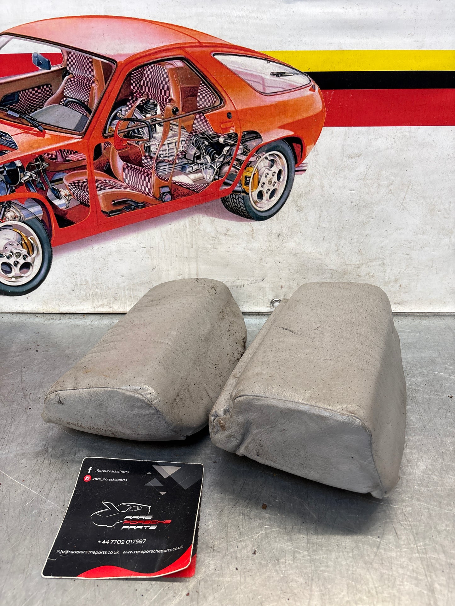 Porsche 928 rear left seat upper and middle cushion, leather, grey, used 92852204550 / 92852208751