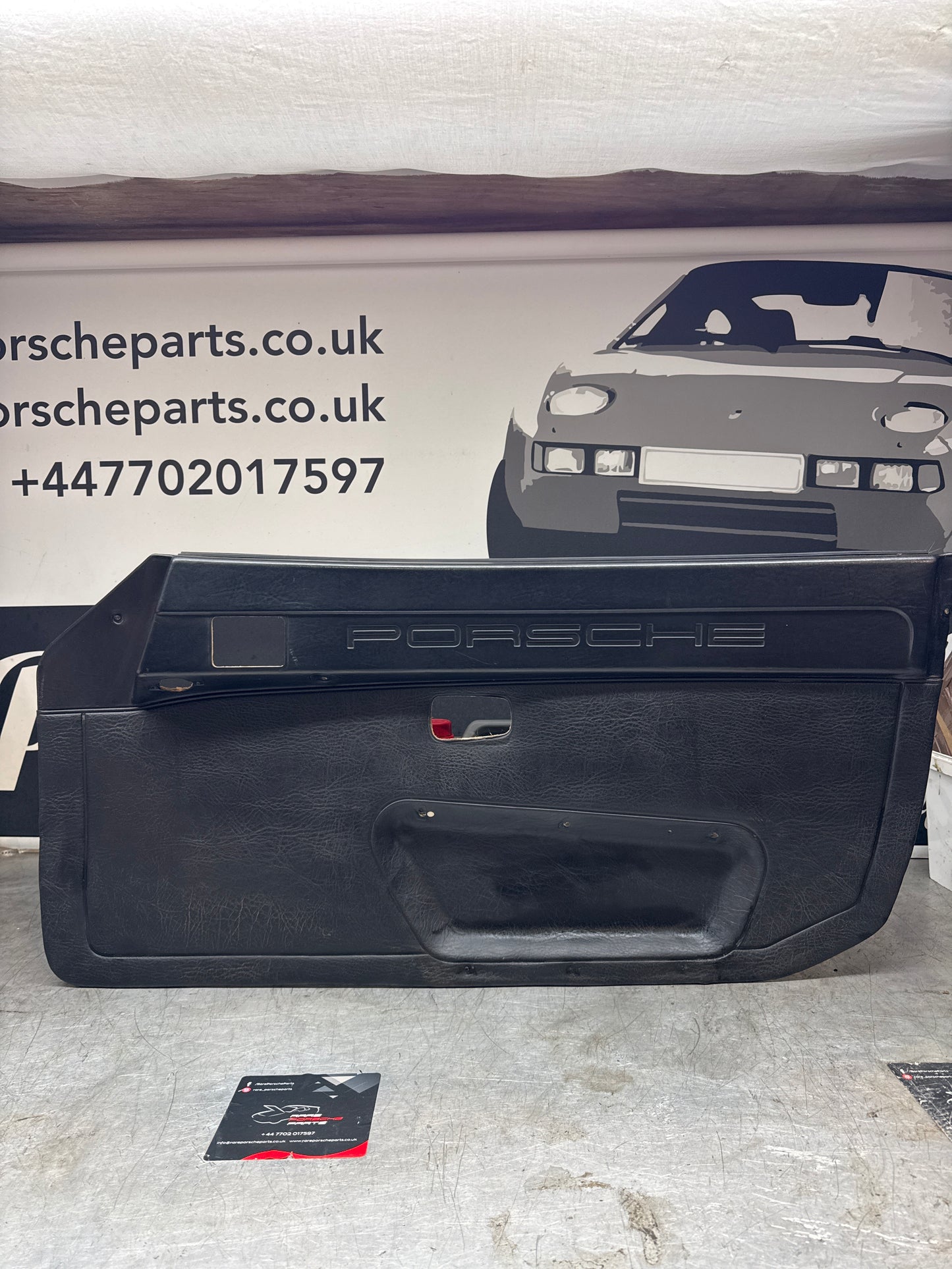 Porsche 924/ Early 944 Black RHD Drivers door card, Porsche Script. Fibreglass repaired. 478867011