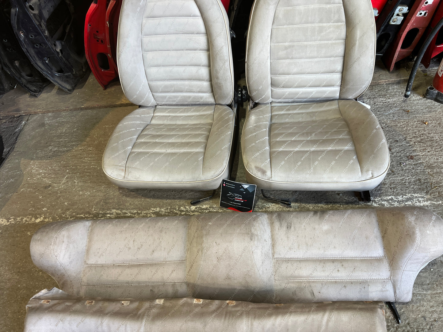 Porsche 924 944 early manual champagne seat set, front seats with Porsche scripted fabric
