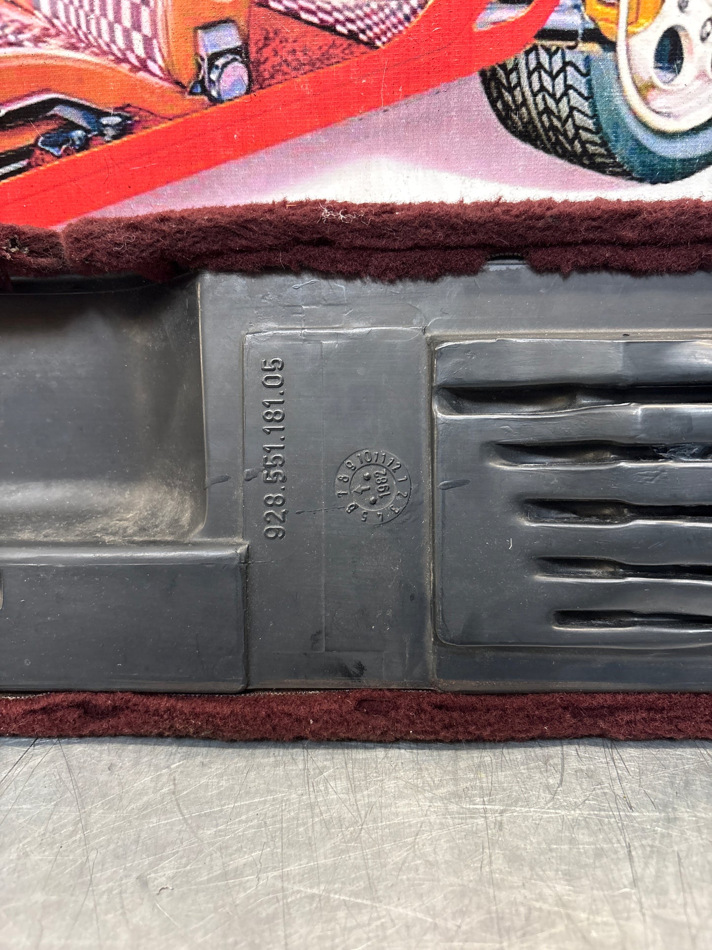 Porsche 928 burgundy carpeted Tool kit panel cover, used 92855118105