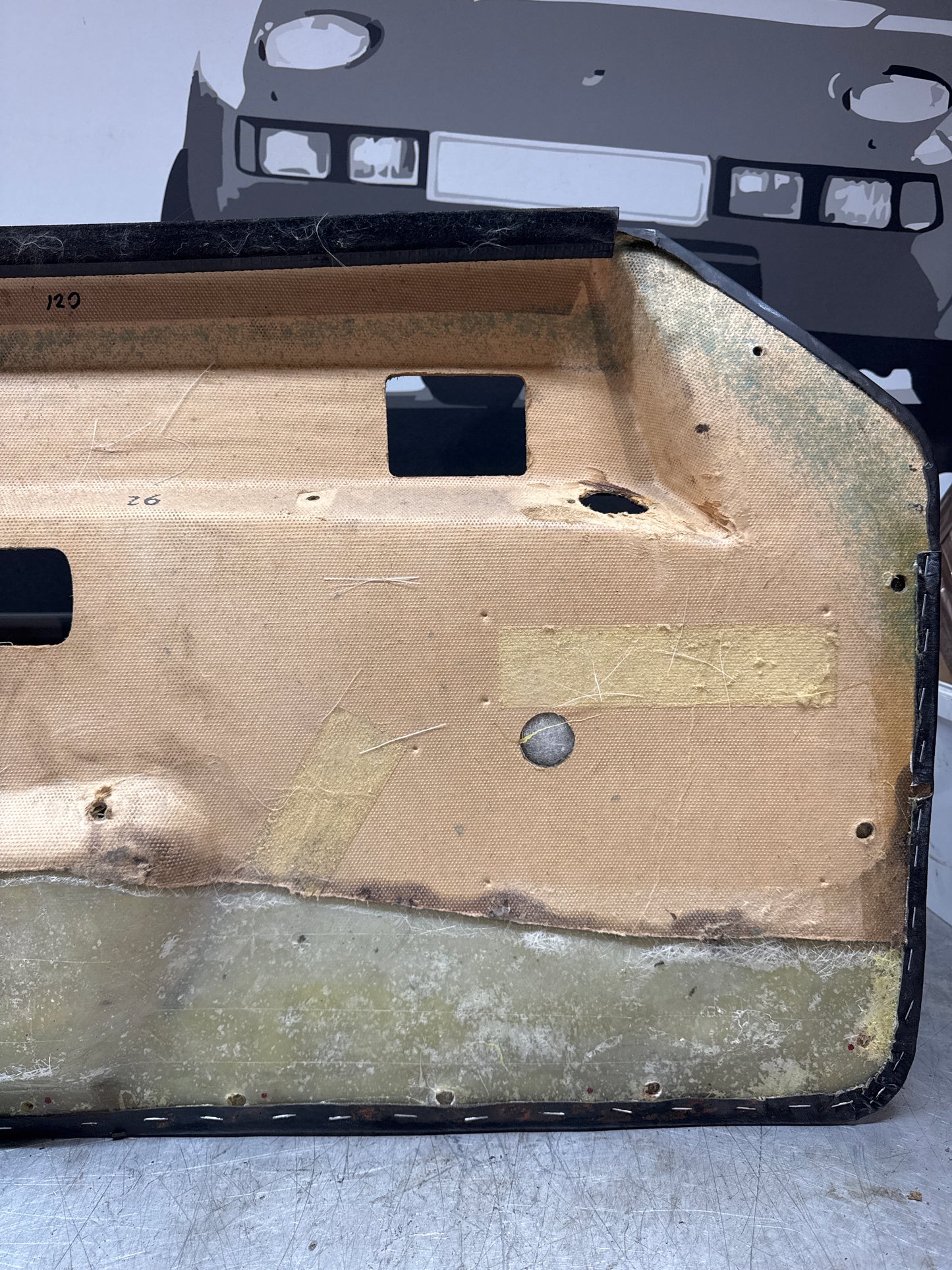 Porsche 924/ Early 944 Black RHD Drivers door card, Porsche Script. Fibreglass repaired. 478867011