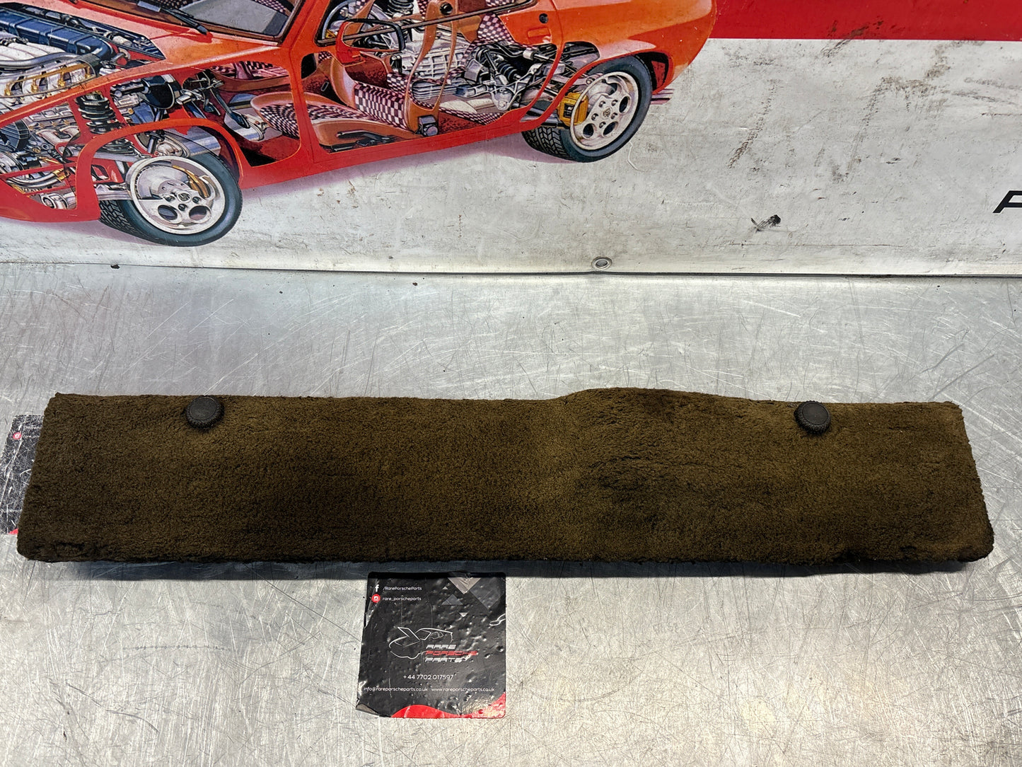 Porsche 928 black/grey-beige carpeted Tool kit panel cover, used 92855118105