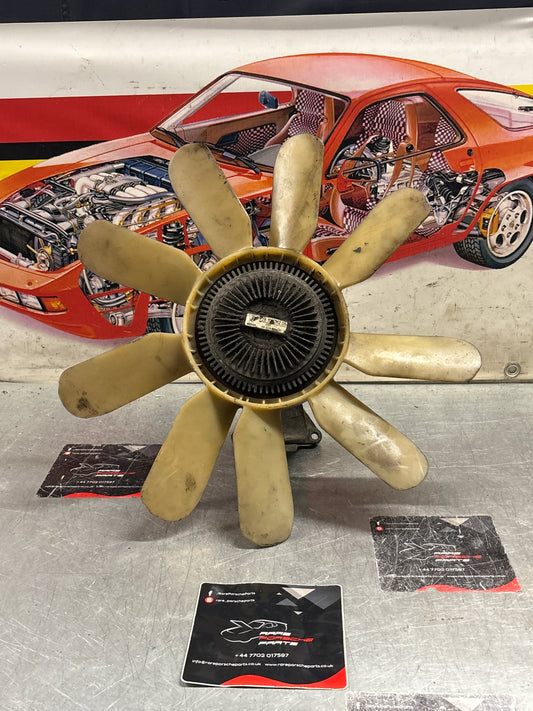 Porsche 928 late engine cooling fan clutch with bracket, used 92810611205 / 92810613701 / 9281061104R