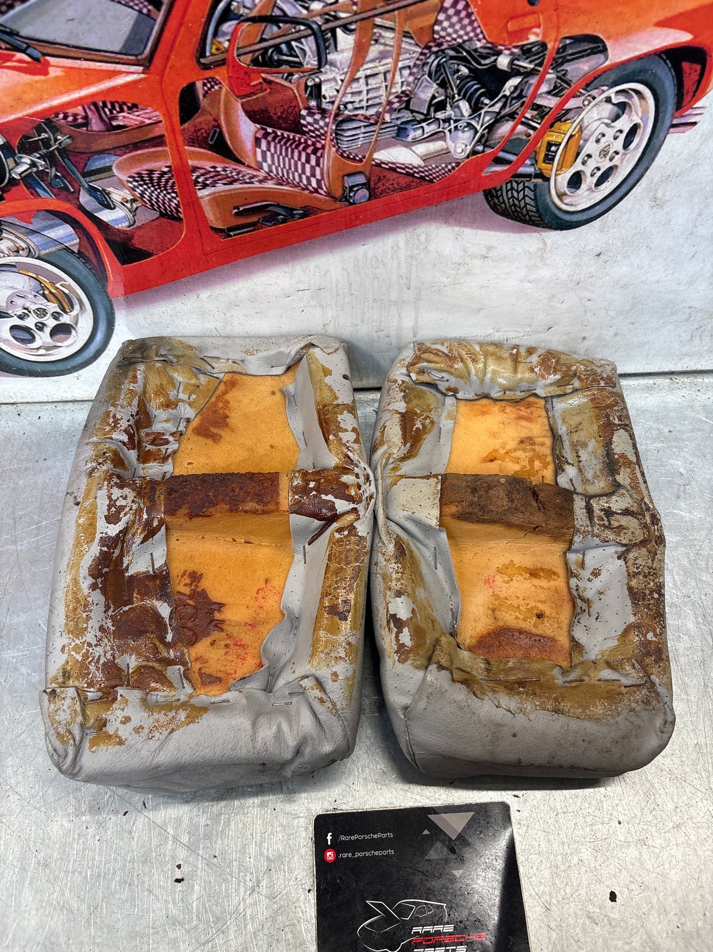 Porsche 928 rear left seat upper and middle cushion, leather, grey, used 92852204550 / 92852208751