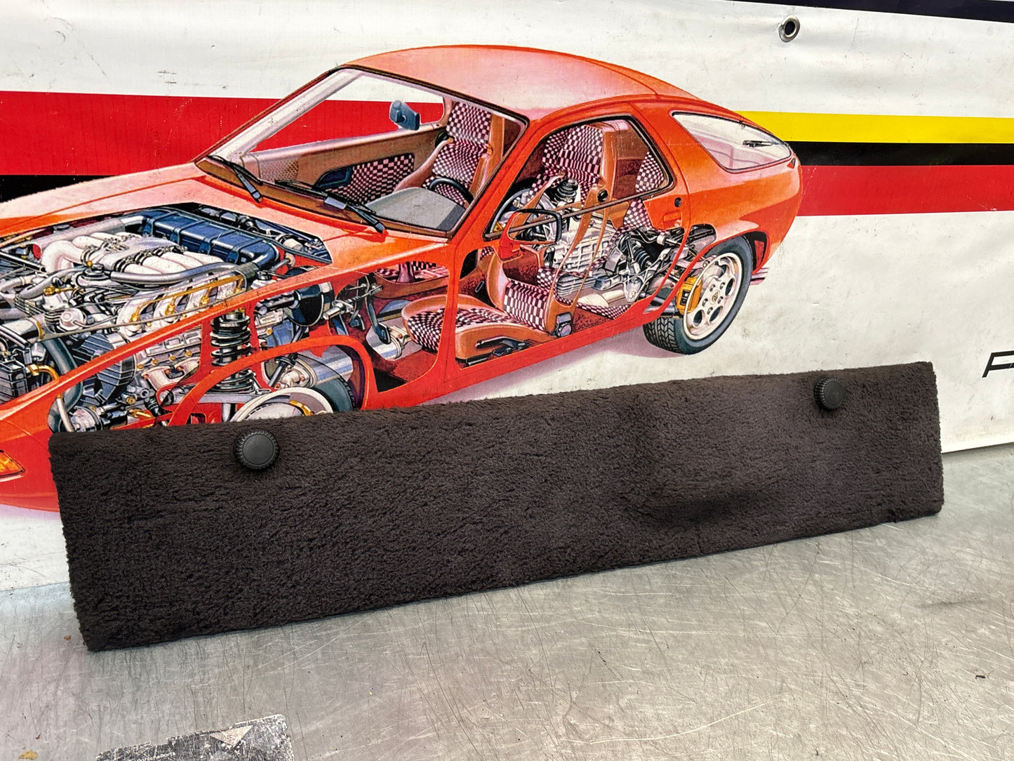 Porsche 928 greyish blue carpeted Tool kit panel cover, used 92855118106