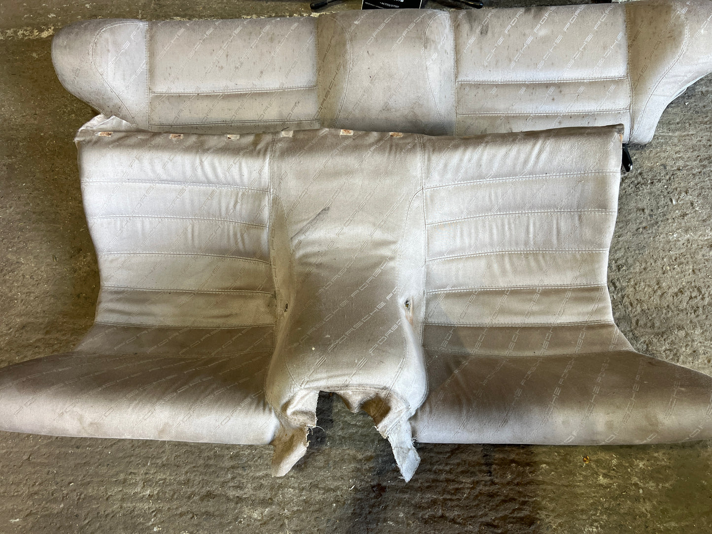 Porsche 924 944 early manual champagne seat set, front seats with Porsche scripted fabric