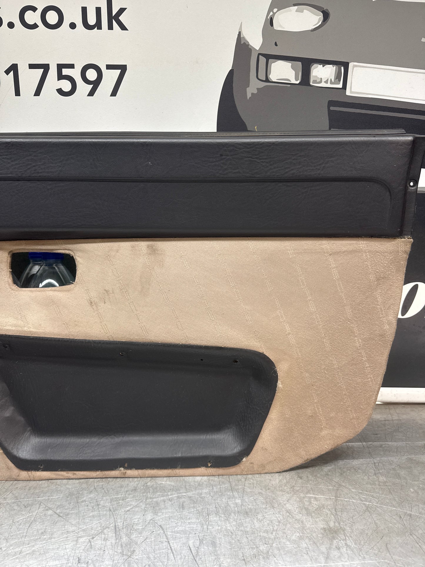 Porsche 924 / Early 944 Black Porsche script door cards. Right Hand Drive, Used. 478867011. Fibreglass repaired