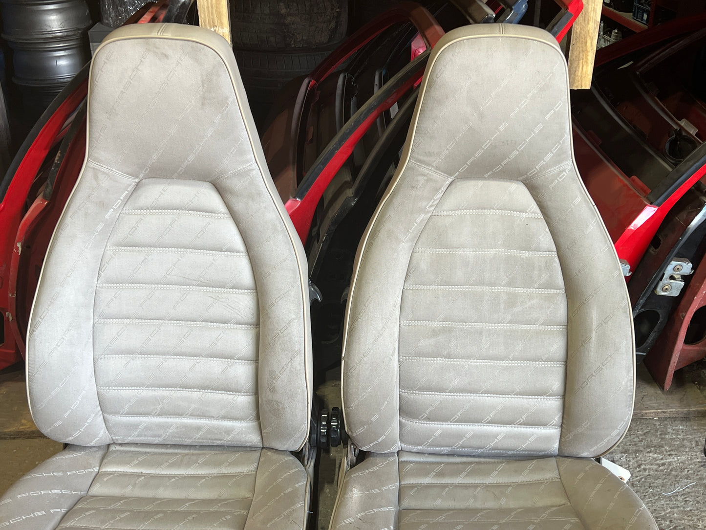 Porsche 924 944 early manual champagne seat set, front seats with Porsche scripted fabric