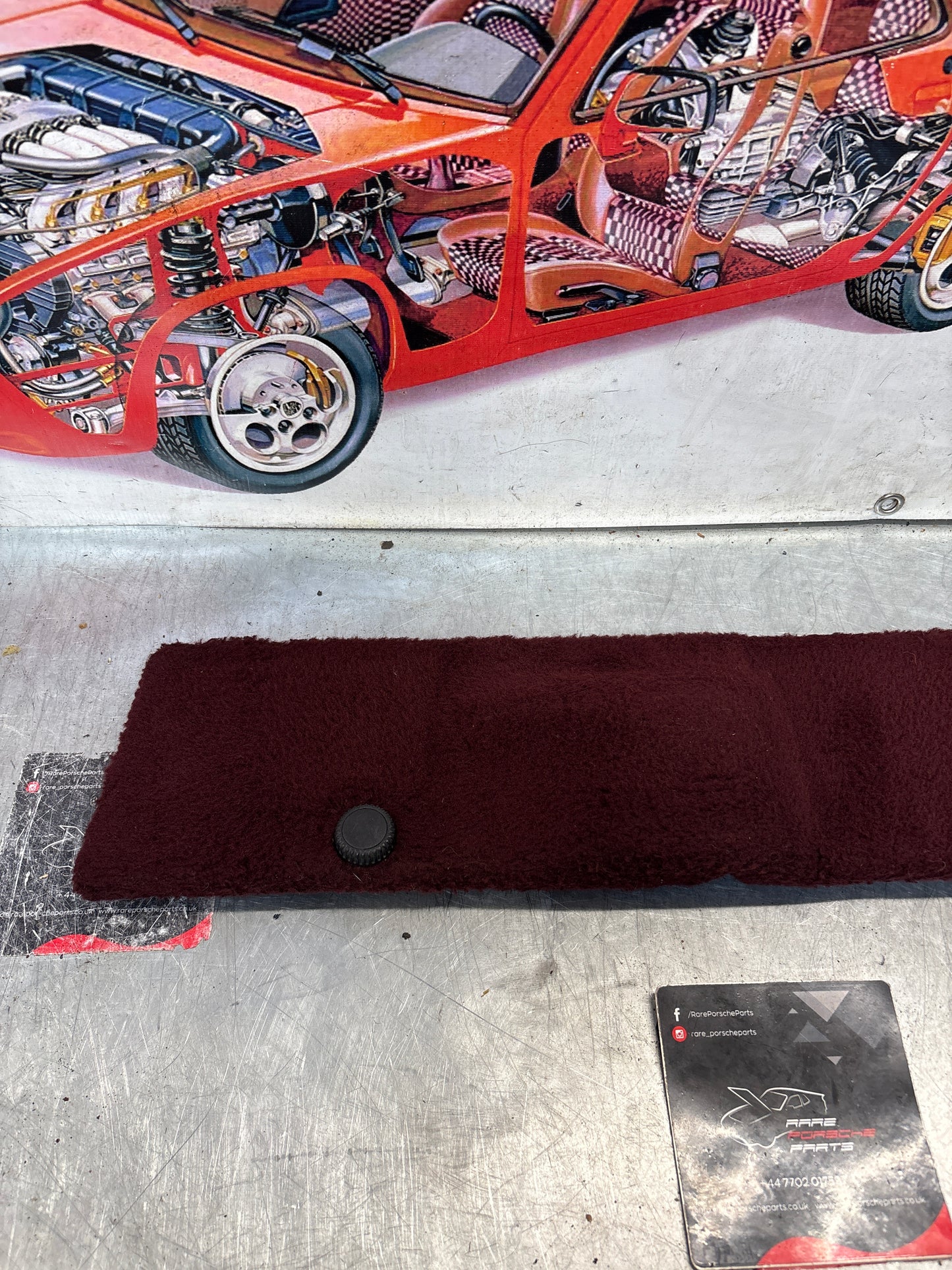 Porsche 928 burgundy carpeted Tool kit panel cover, used 92855118106
