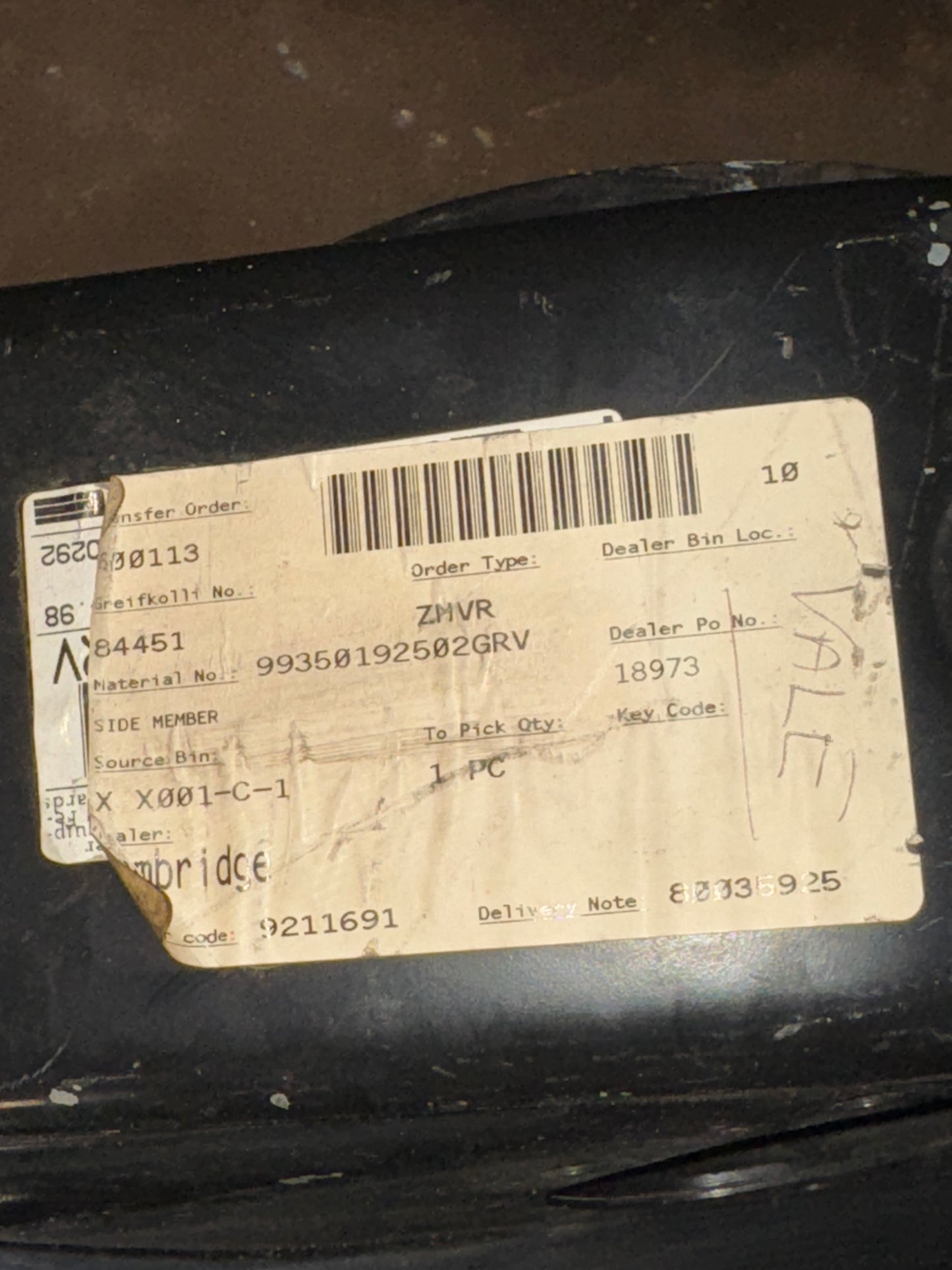 Porsche 993 (Left) Side Member Assembly - Porsche -99350192502- New old stock