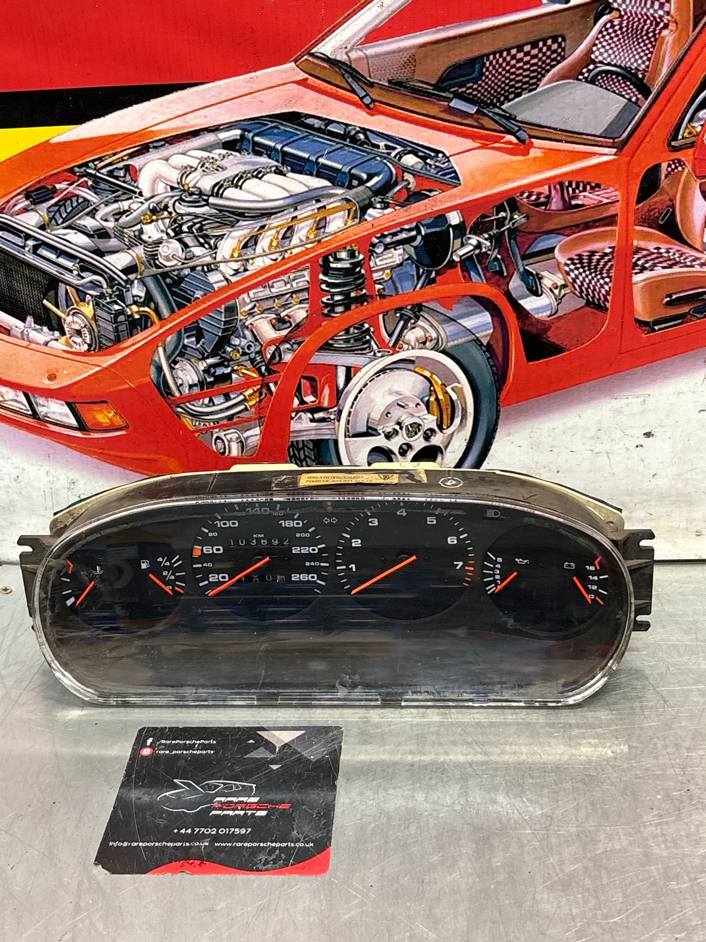 Porsche 944 dash clock binnacle pod speedometer, showing 103692 Km, used 94464131112
