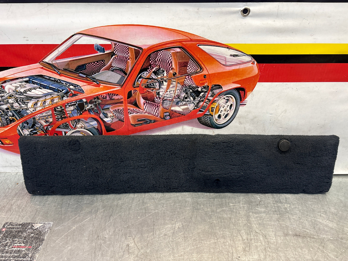 Porsche 928 black carpeted Tool kit panel cover, used 92855118106