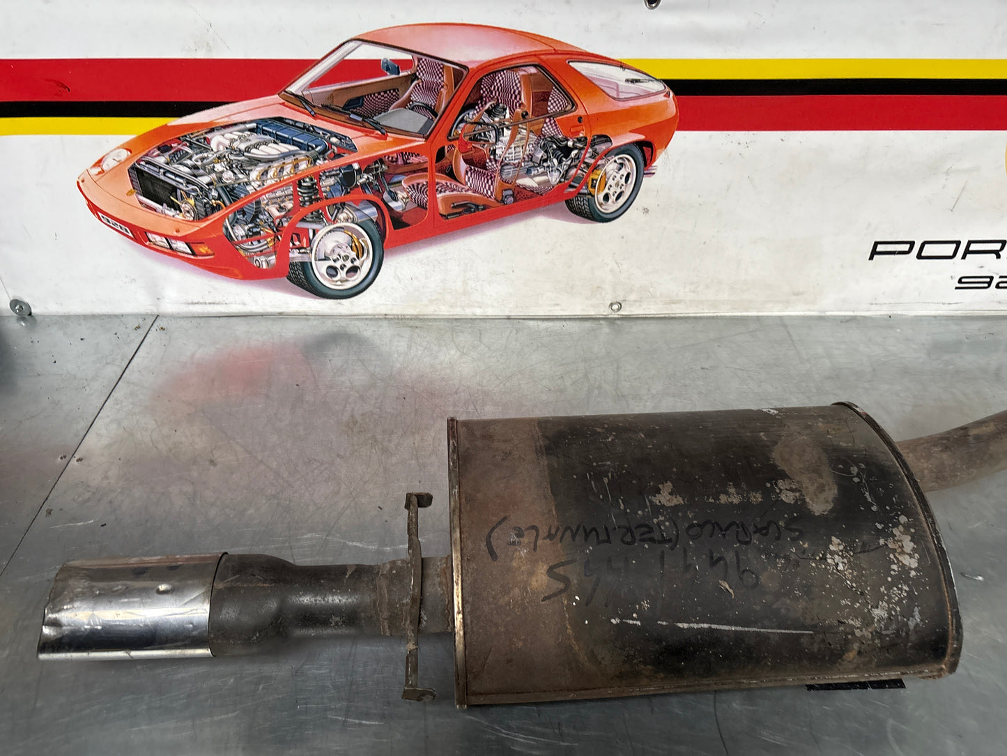 Porsche 944S Bischoff exhaust system rear muffler, used 94411108302 / 94411104100