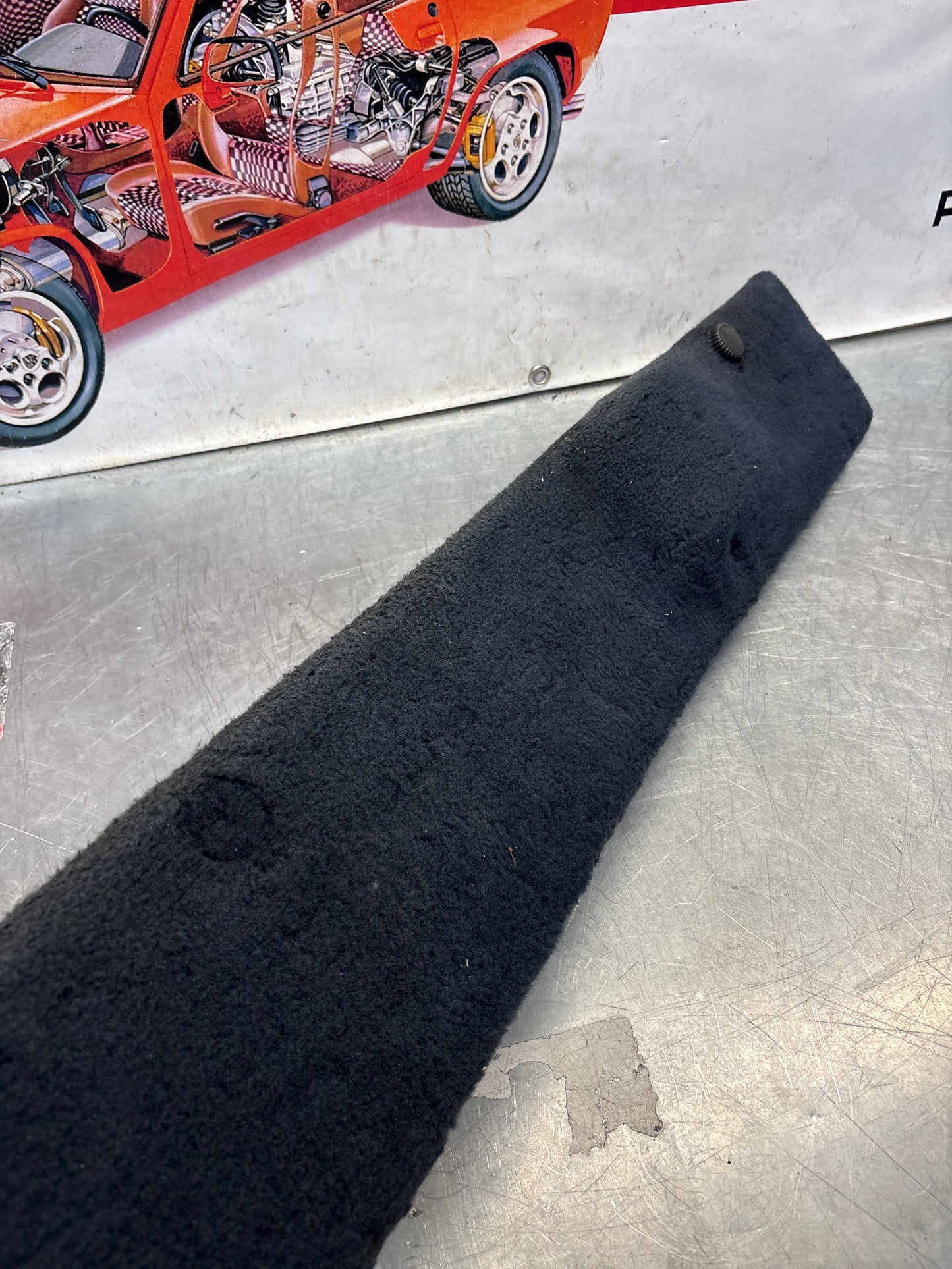 Porsche 928 black carpeted Tool kit panel cover, used 92855118106