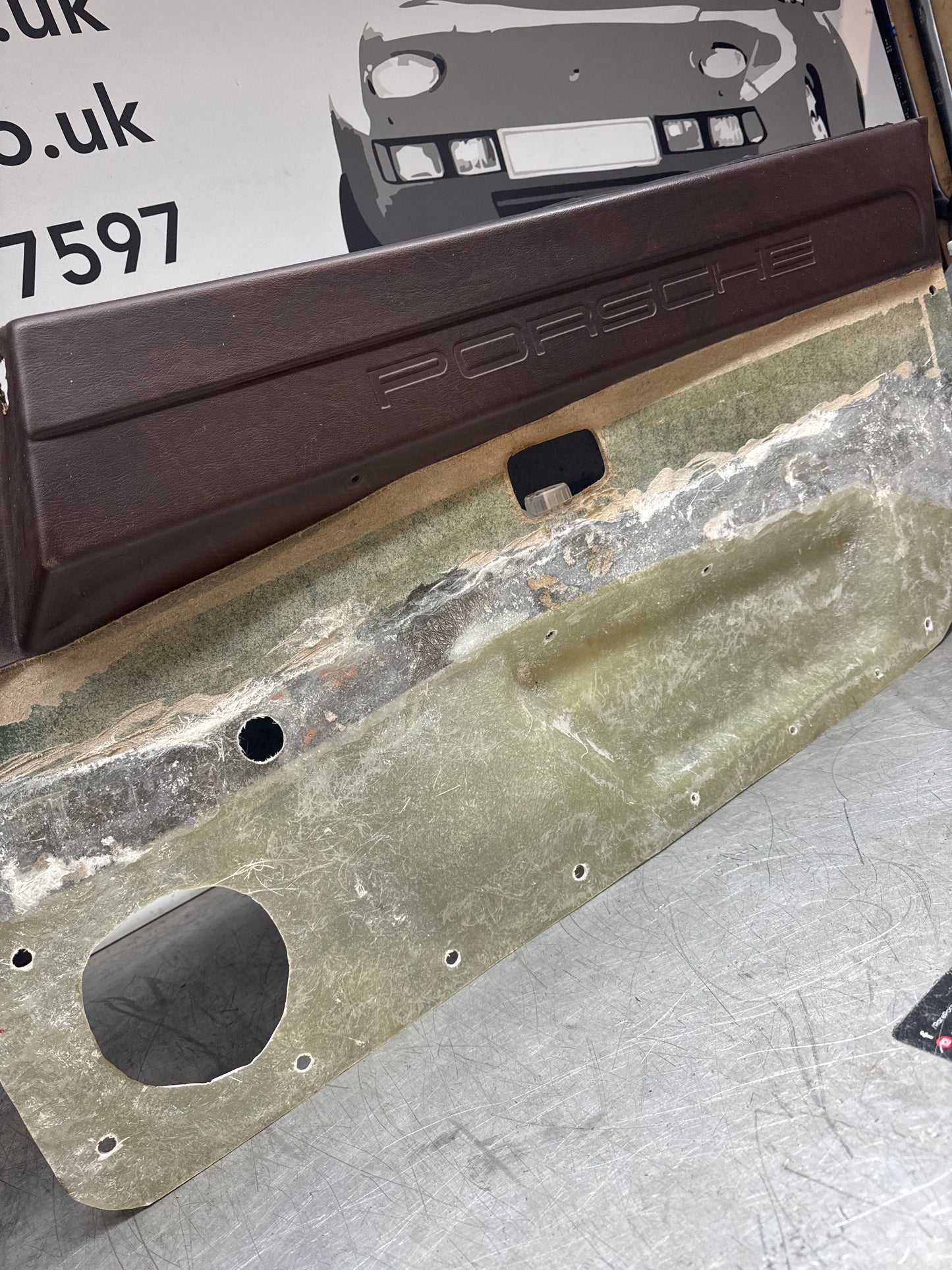 Porsche 924/ Early 944 Brown Script Bare door card. Fibreglass repaired. 477867012