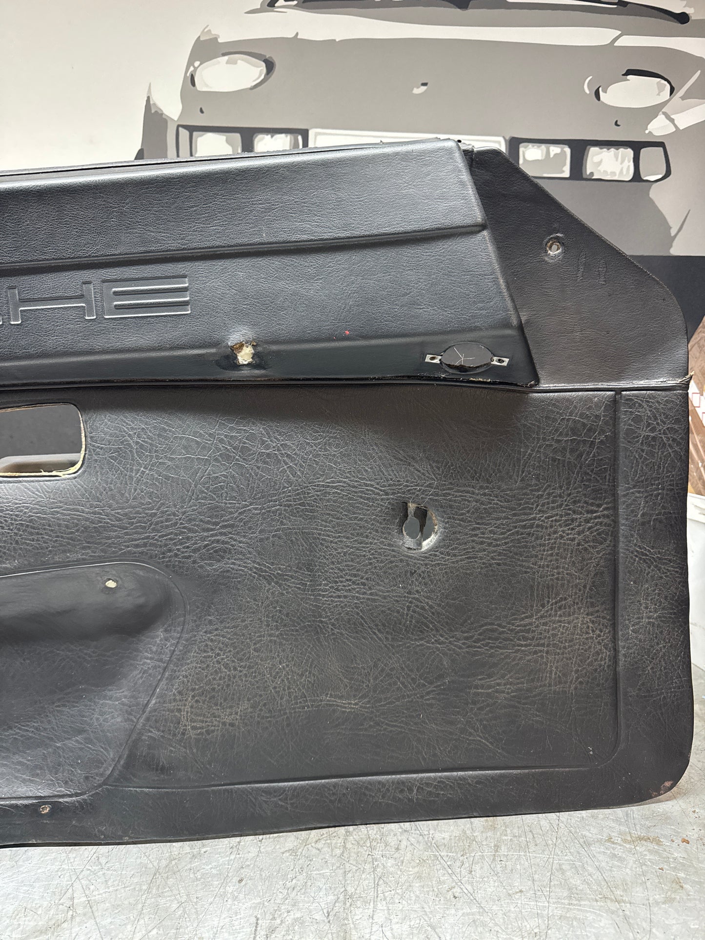 Porsche 924 Black LHD Left door card. Manual window (non electric). Fibreglass repaired. 477867012