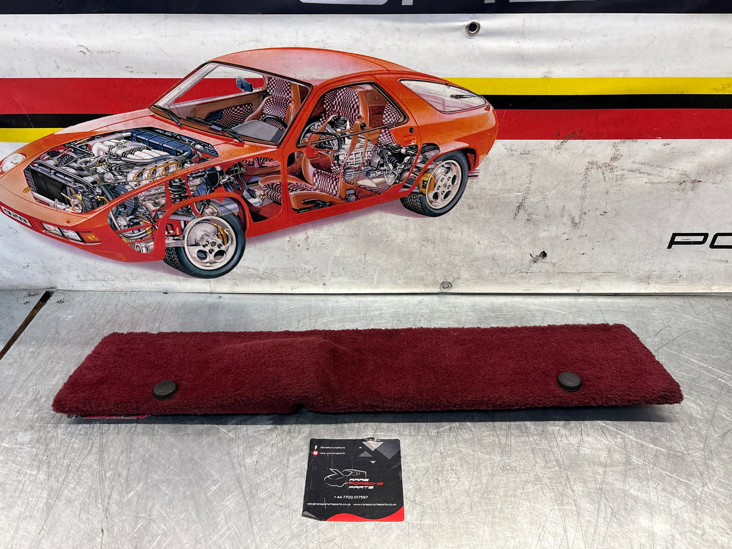 Porsche 928 burgundy carpeted Tool kit panel cover, used 92855118106