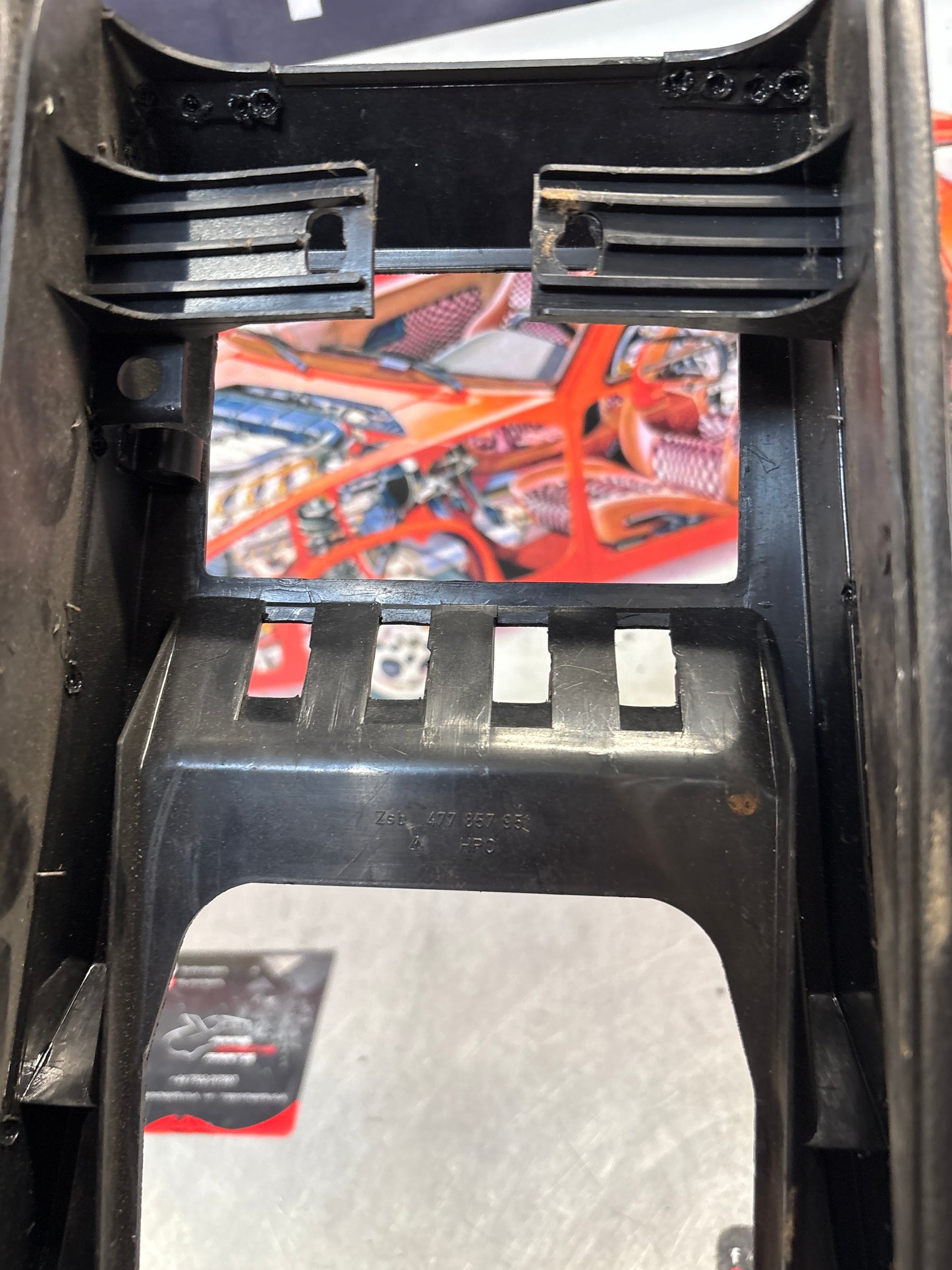 Porsche 924 944 centre console black with black carpet one switch hole 477857969 / 477857951 used