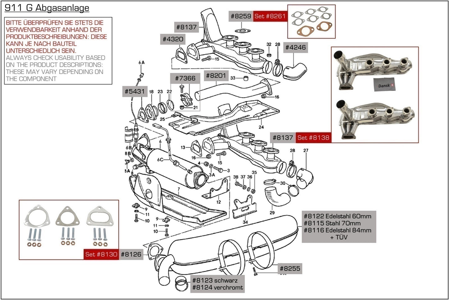 Set gaskets for Porsche 911 2.7-3.2 front muffler mounting kit