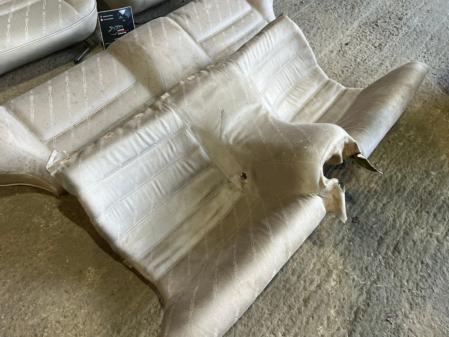 Porsche 924 944 early manual champagne seat set, front seats with Porsche scripted fabric