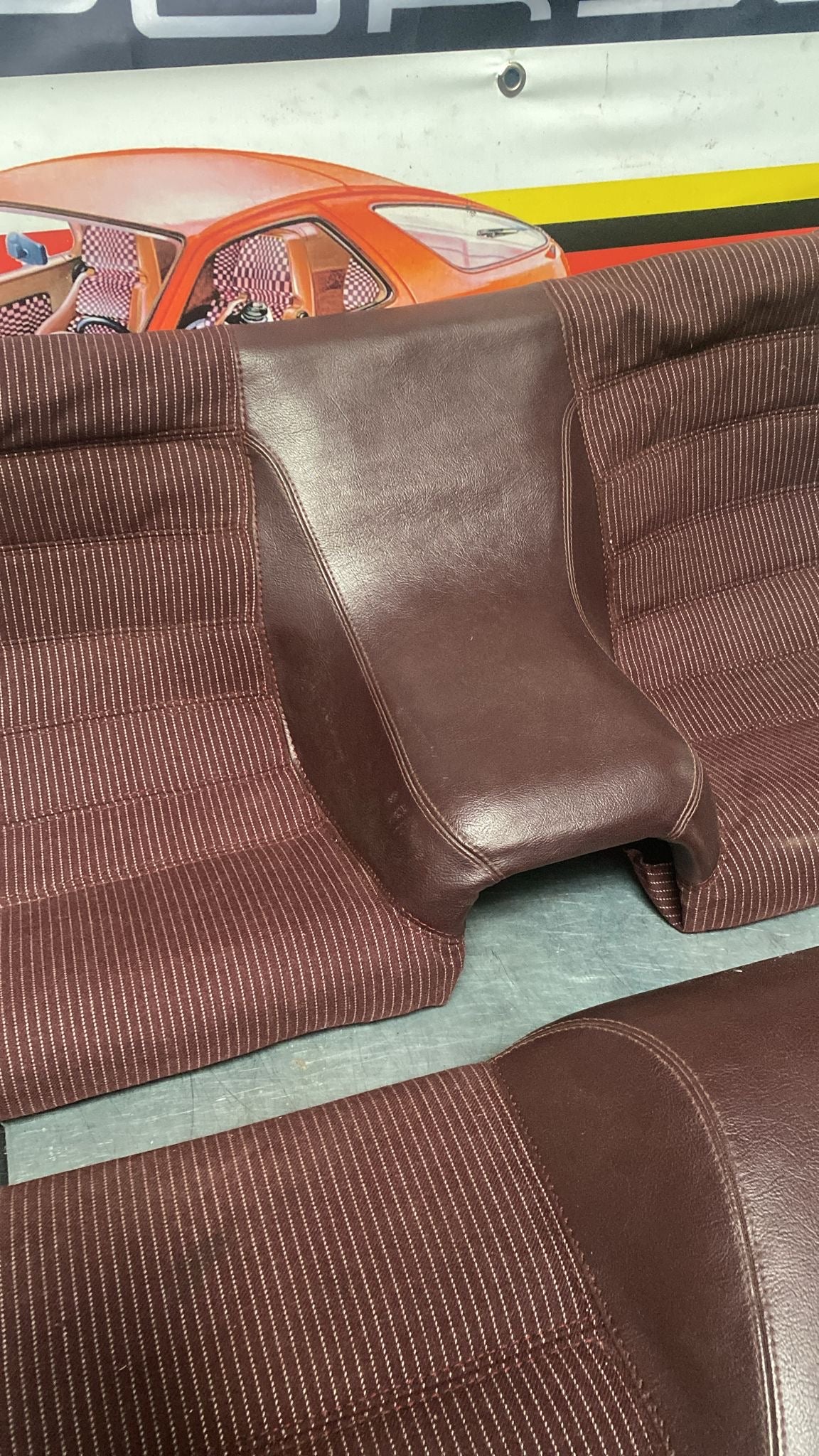 Porsche 944 924S refurbished rear seat, burgundy/white pinstripe