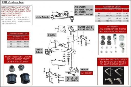 Rubber bearing wishbone for Porsche 928 -07/86 front TOP BOTTOM SPORT Set 92834101702