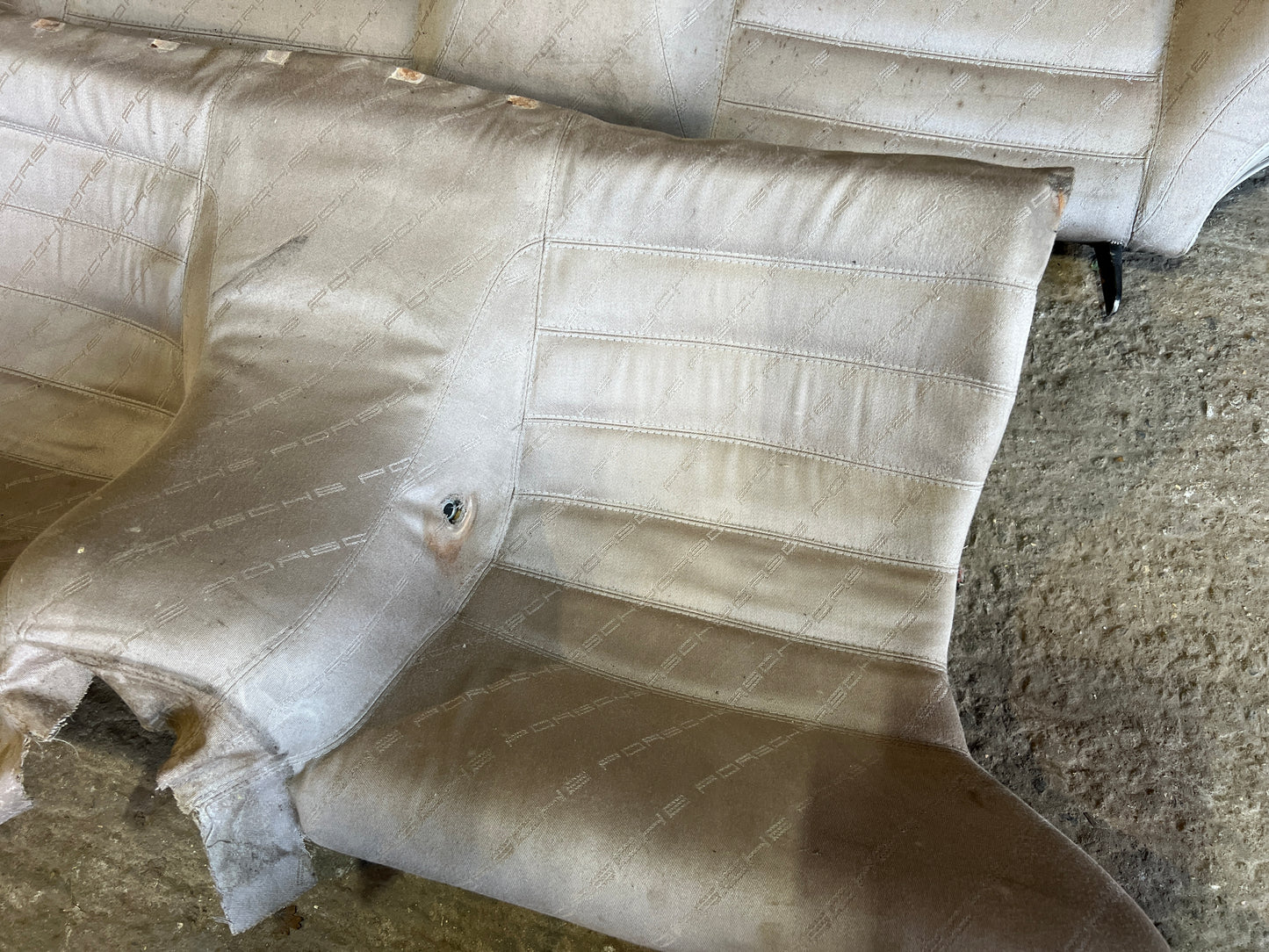 Porsche 924 944 early manual champagne seat set, front seats with Porsche scripted fabric