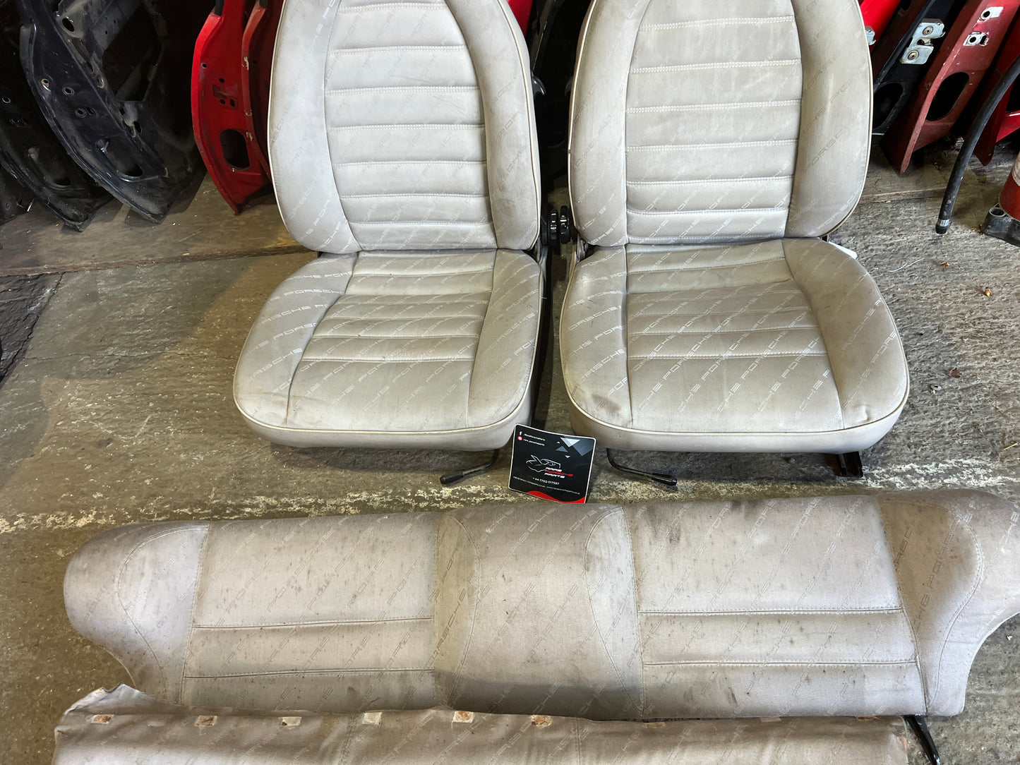 Porsche 924 944 early manual champagne seat set, front seats with Porsche scripted fabric