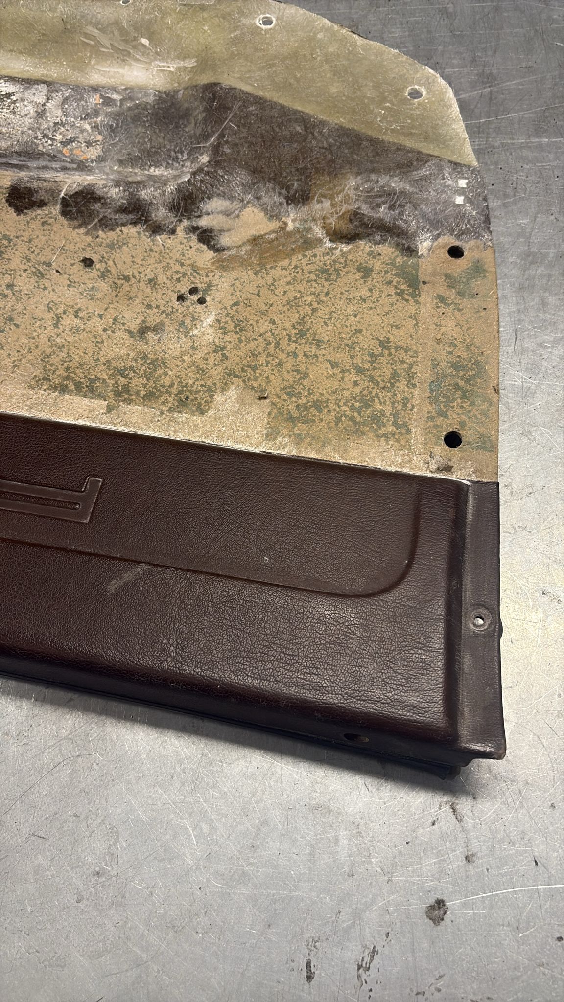Porsche 924 / 944 early left manual Used door card, Porsche scripted brown, 477867011 no fabric!