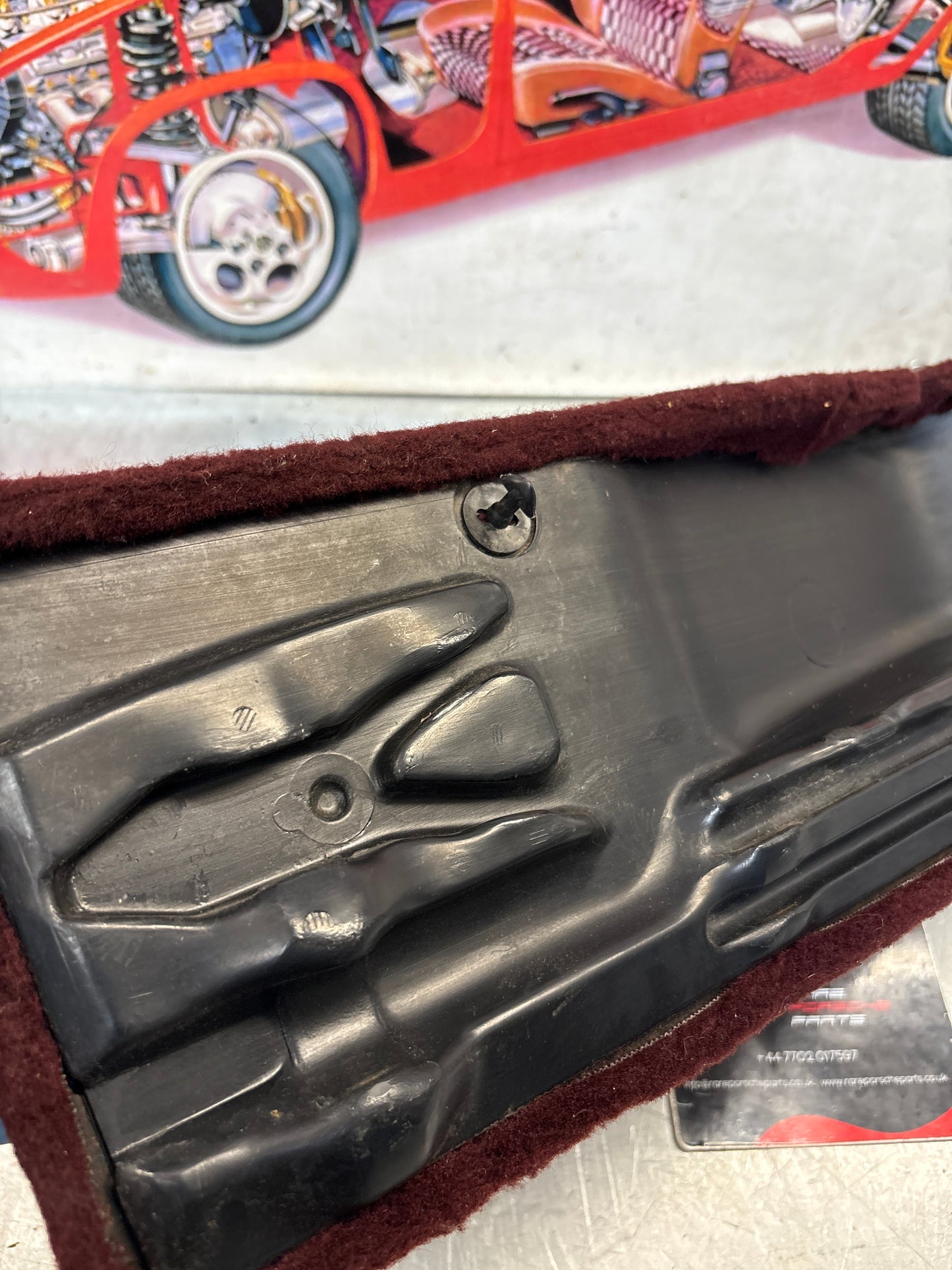 Porsche 928 burgundy carpeted Tool kit panel cover, used 92855118105