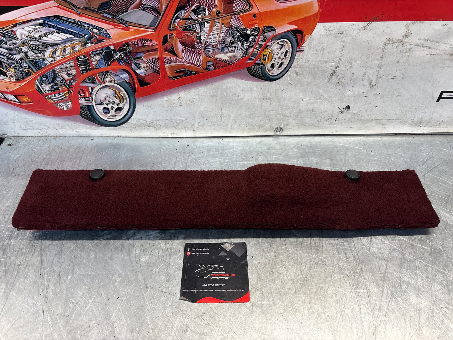 Porsche 928 burgundy carpeted Tool kit panel cover, used 92855118105