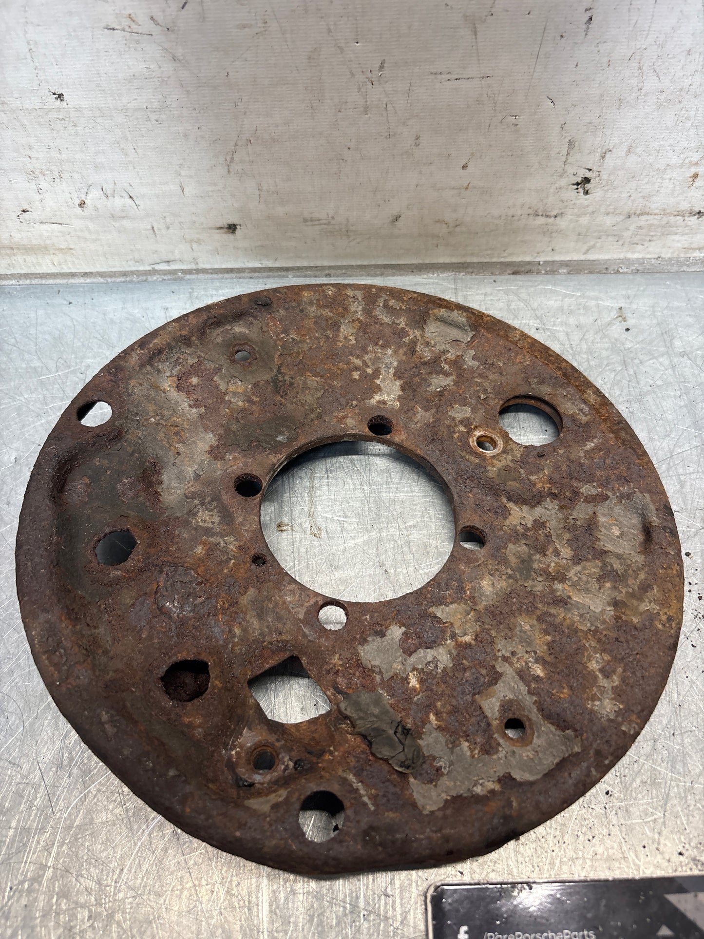 Porsche 924 rear left brake dust shield, used 113609439E