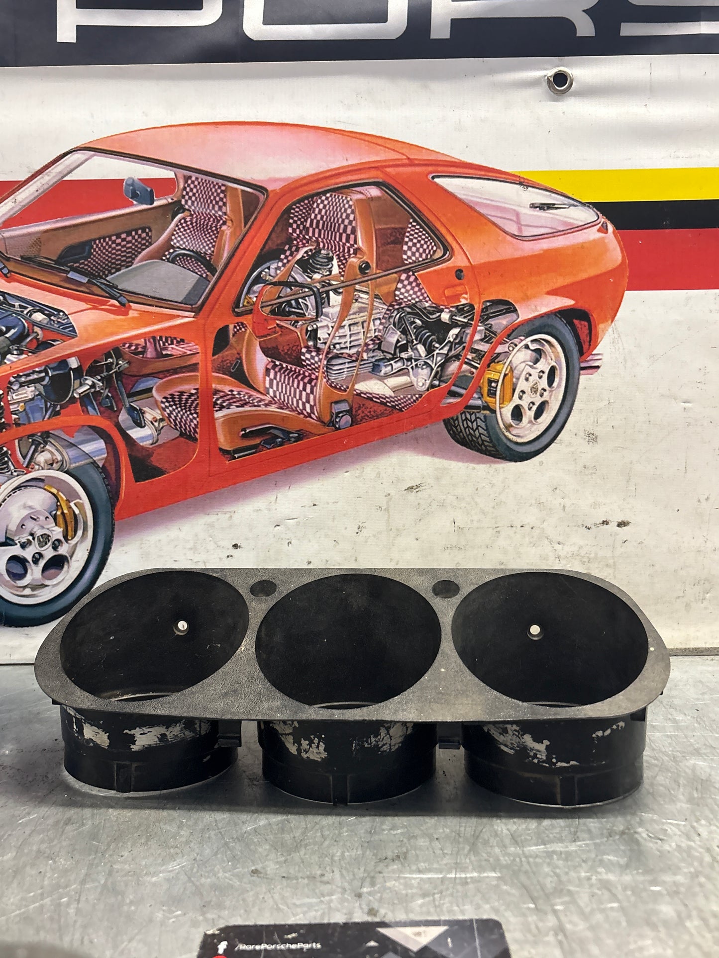 Porsche 924 early dash binnacle dial panel speedo surround 477857283 black, used without high beam hole