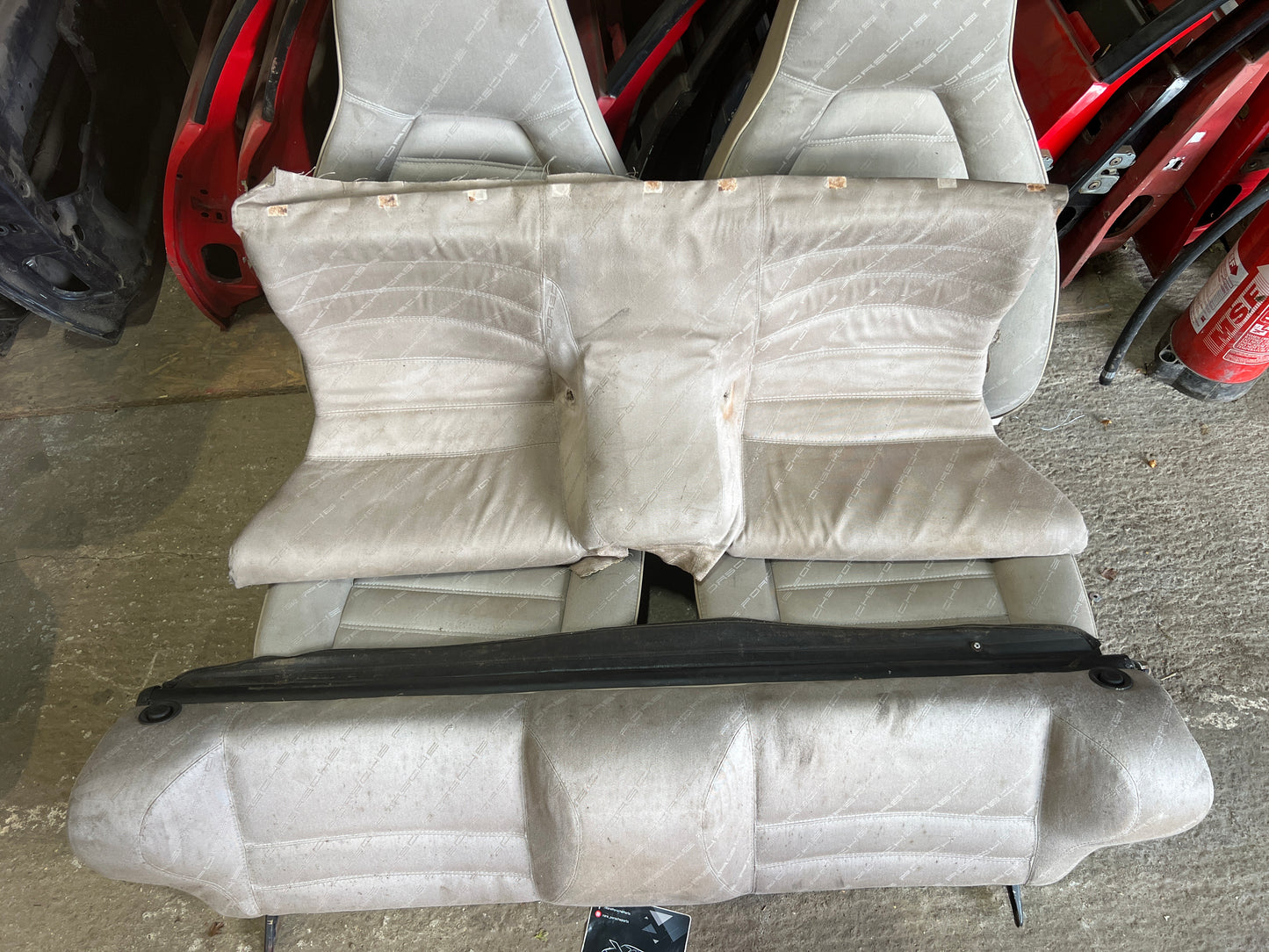 Porsche 924 944 early manual champagne seat set, front seats with Porsche scripted fabric