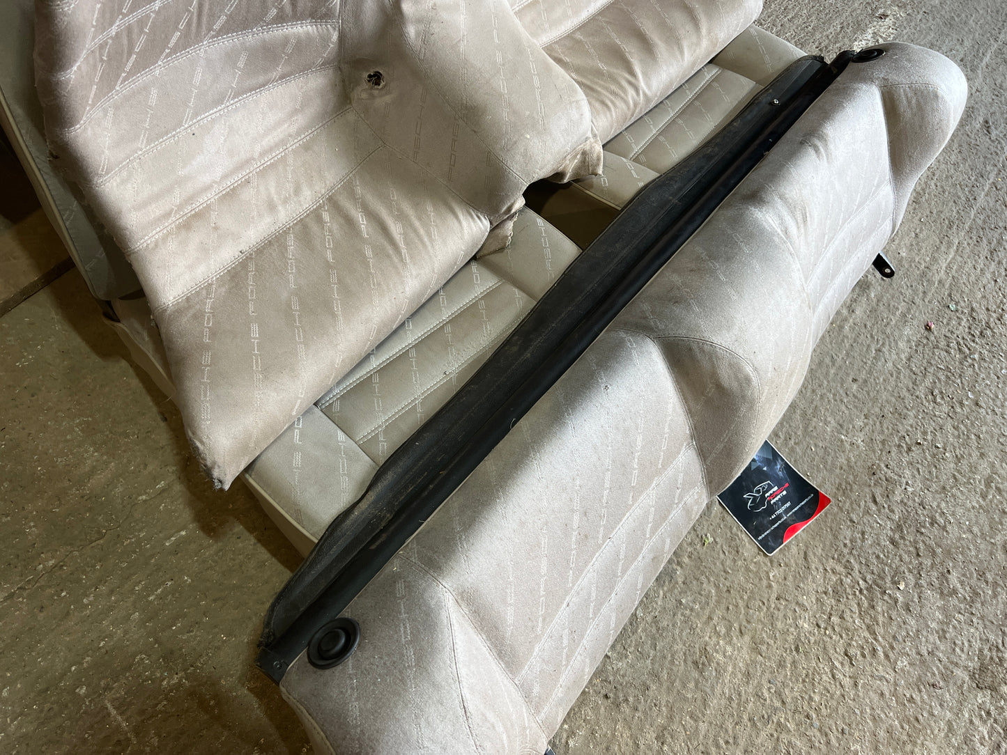 Porsche 924 944 early manual champagne seat set, front seats with Porsche scripted fabric