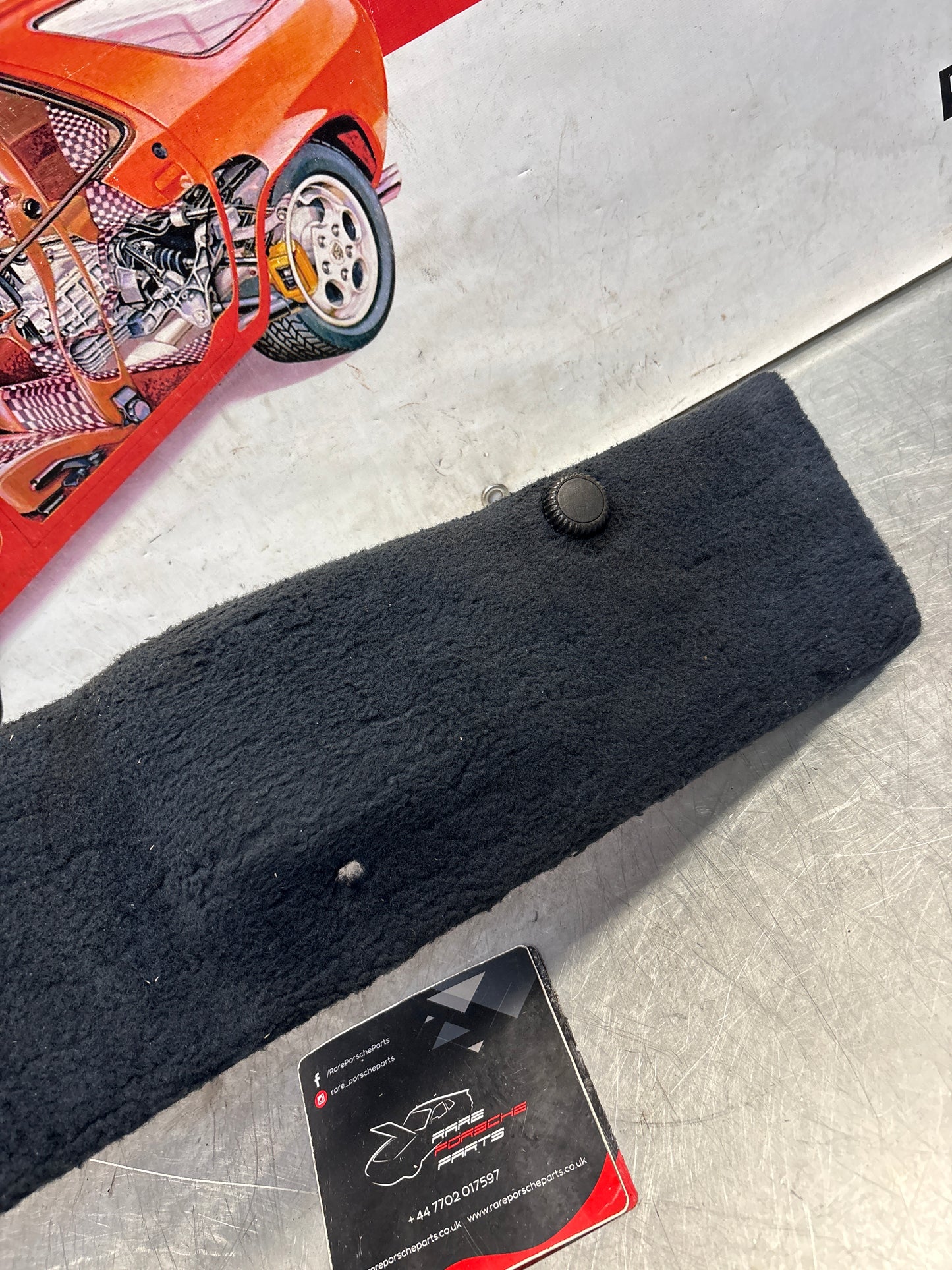 Porsche 928 black carpeted Tool kit panel cover, used 92855118106