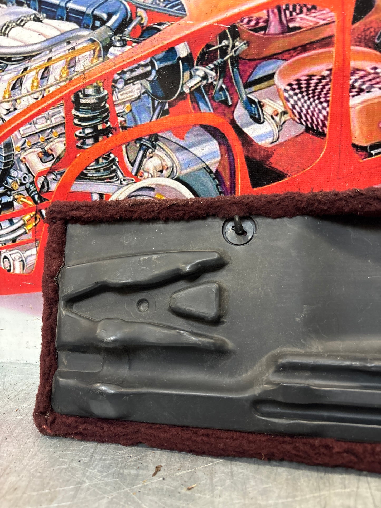 Porsche 928 burgundy carpeted Tool kit panel cover, used 92855118106