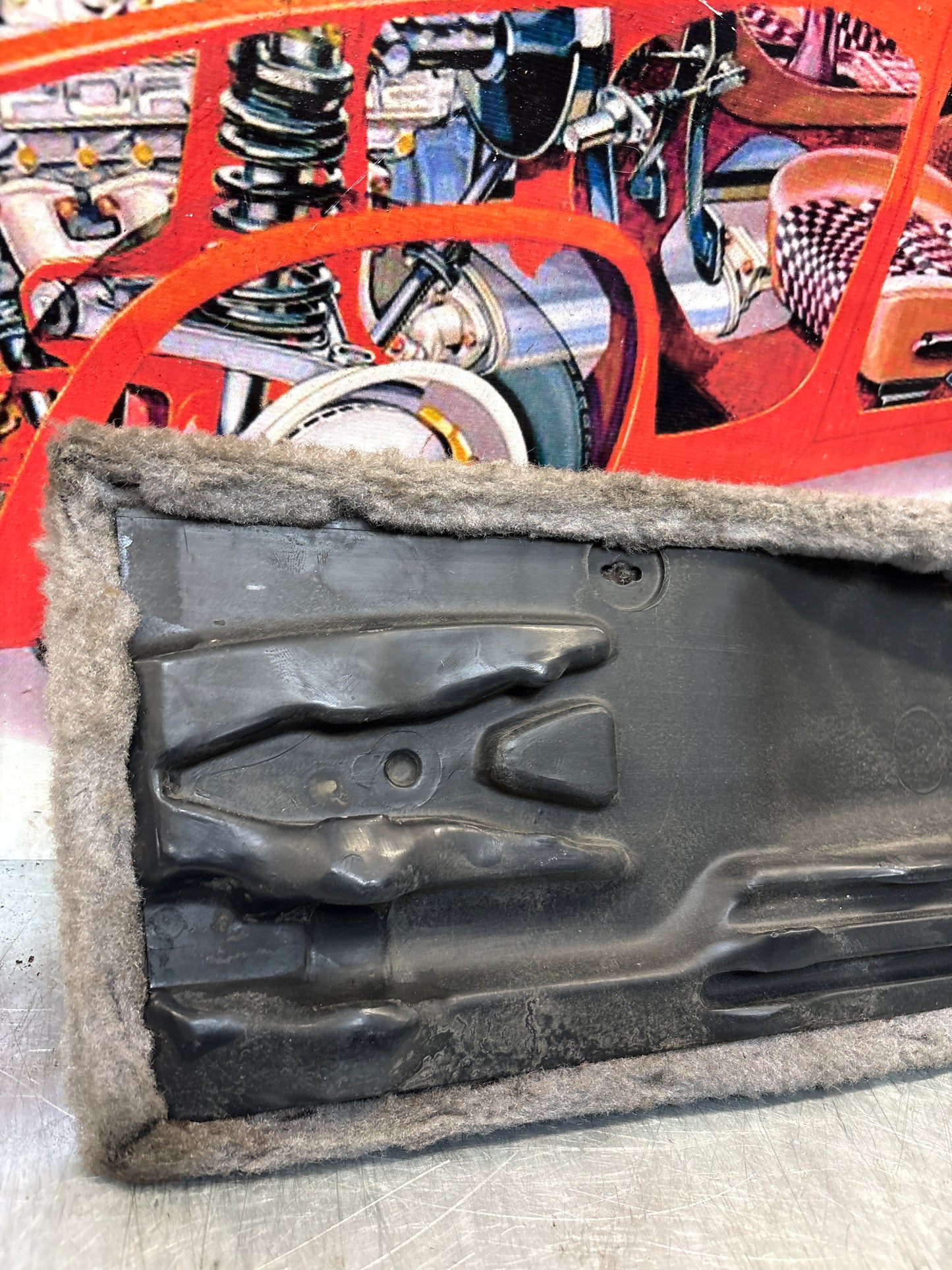 Porsche 928 grey carpeted Tool kit panel cover, used 92855118106