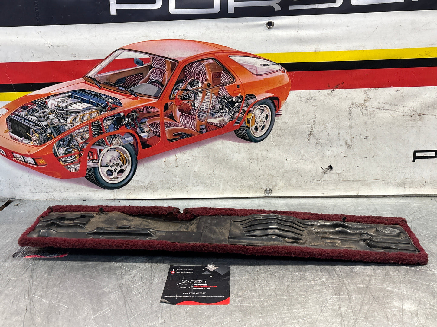 Porsche 928 burgundy carpeted Tool kit panel cover, used 92855118106