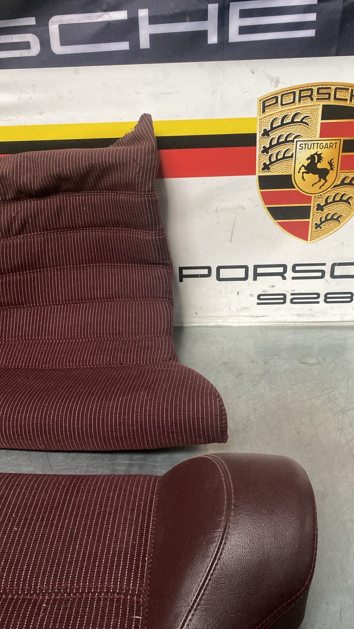 Porsche 944 924S refurbished rear seat, burgundy/white pinstripe