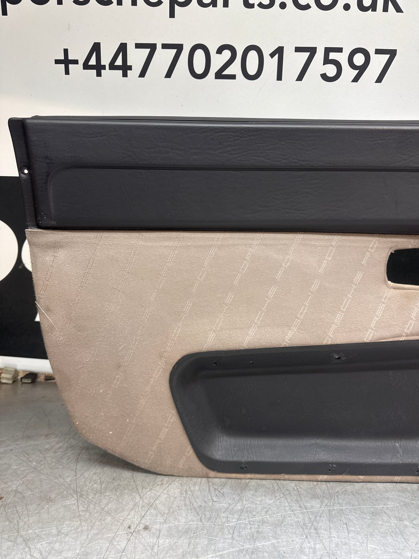 Porsche 924 / Early 944 Black Porsche script door cards. Right Hand Drive, Used. 478867011. Fibreglass repaired