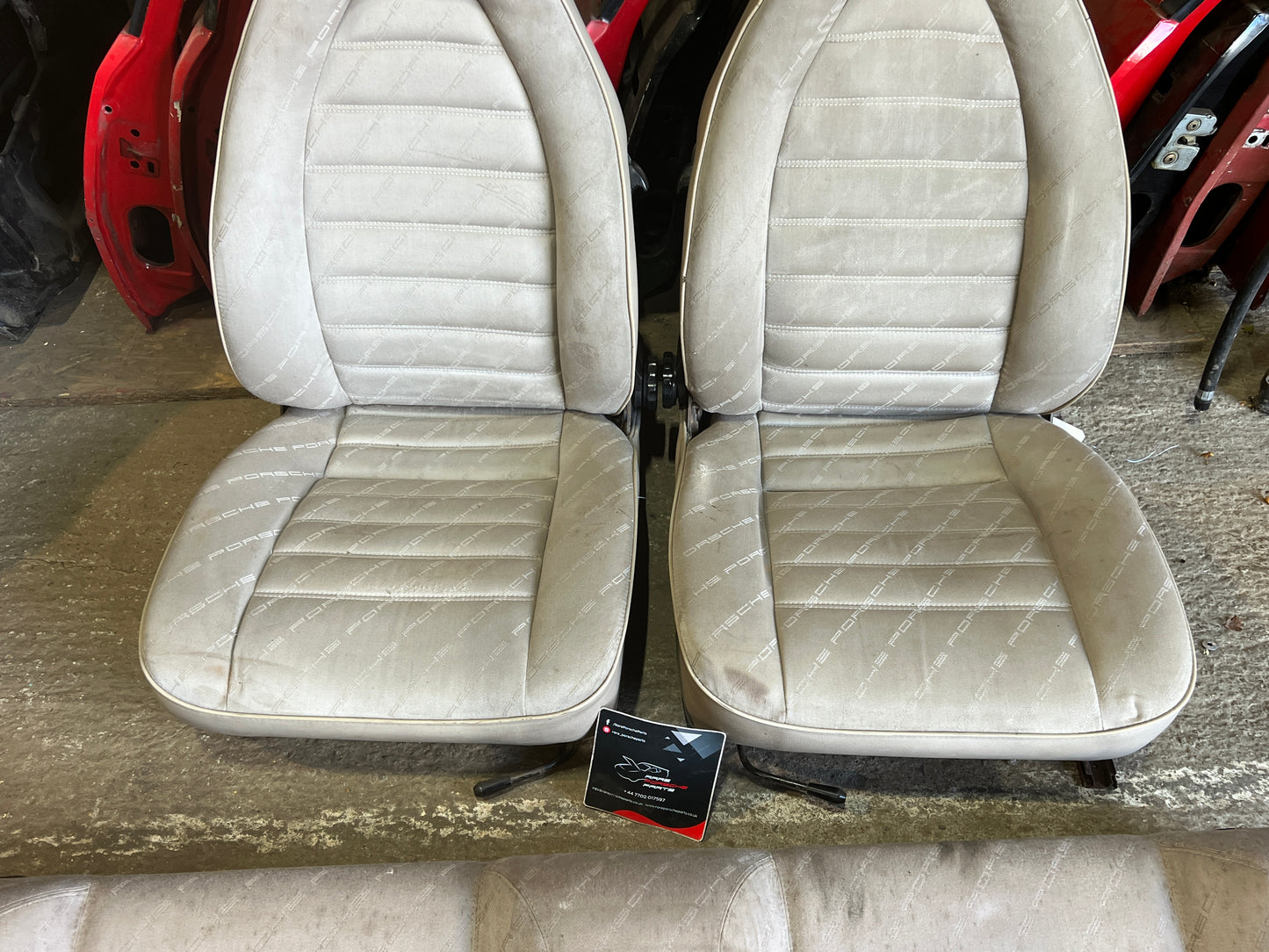 Porsche 924 944 early manual champagne seat set, front seats with Porsche scripted fabric