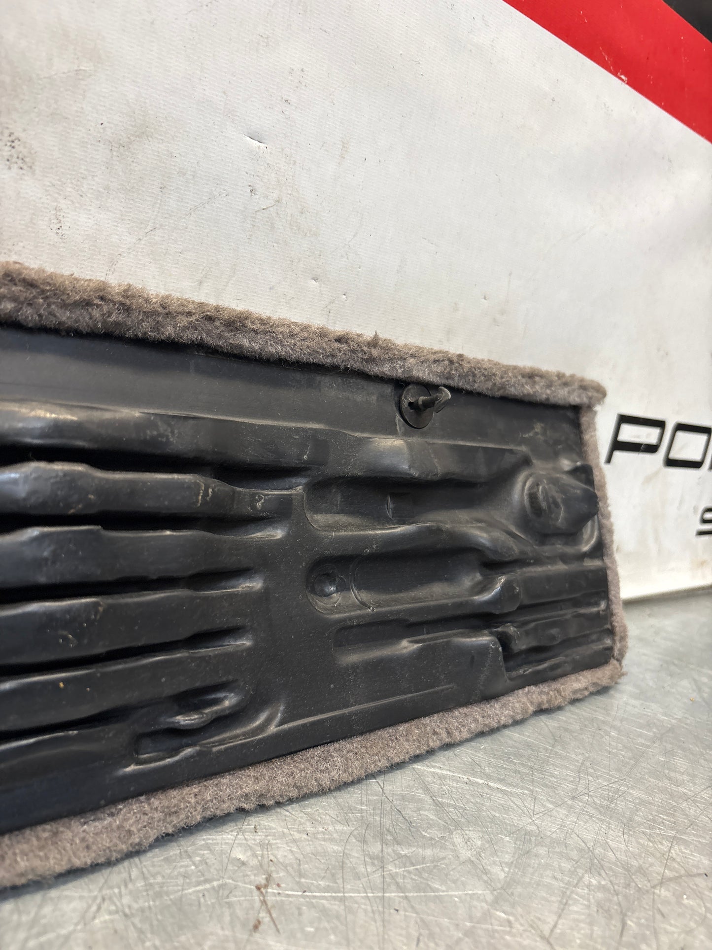 Porsche 928 grey carpeted Tool kit panel cover, used 92855118106