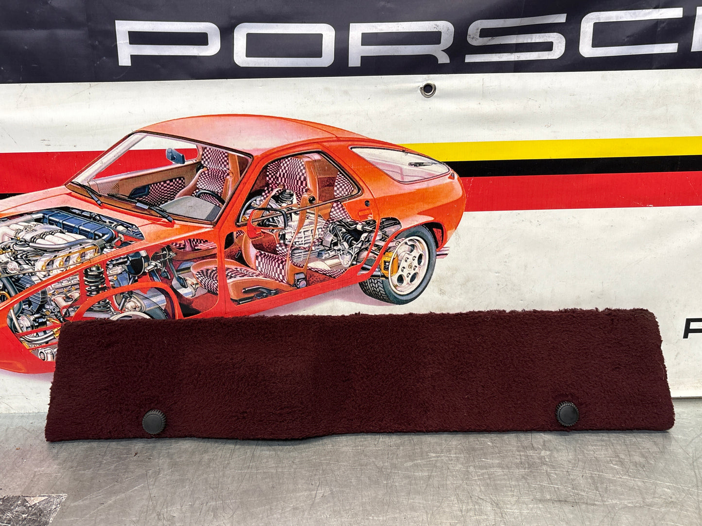 Porsche 928 burgundy carpeted Tool kit panel cover, used 92855118106