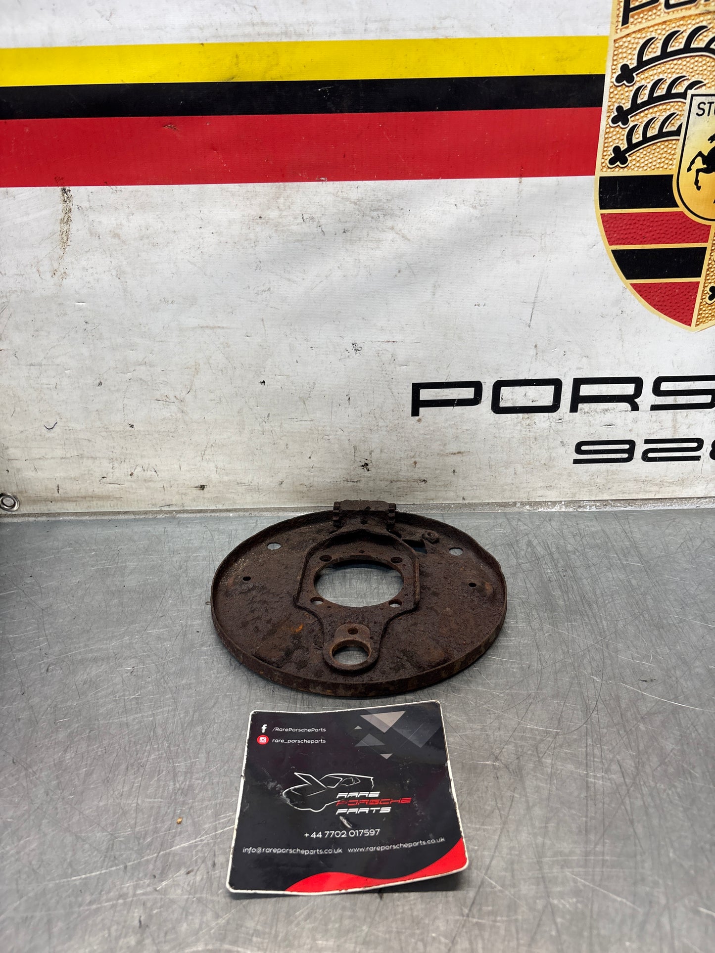 Porsche 924 rear left brake dust shield, used 113609439E
