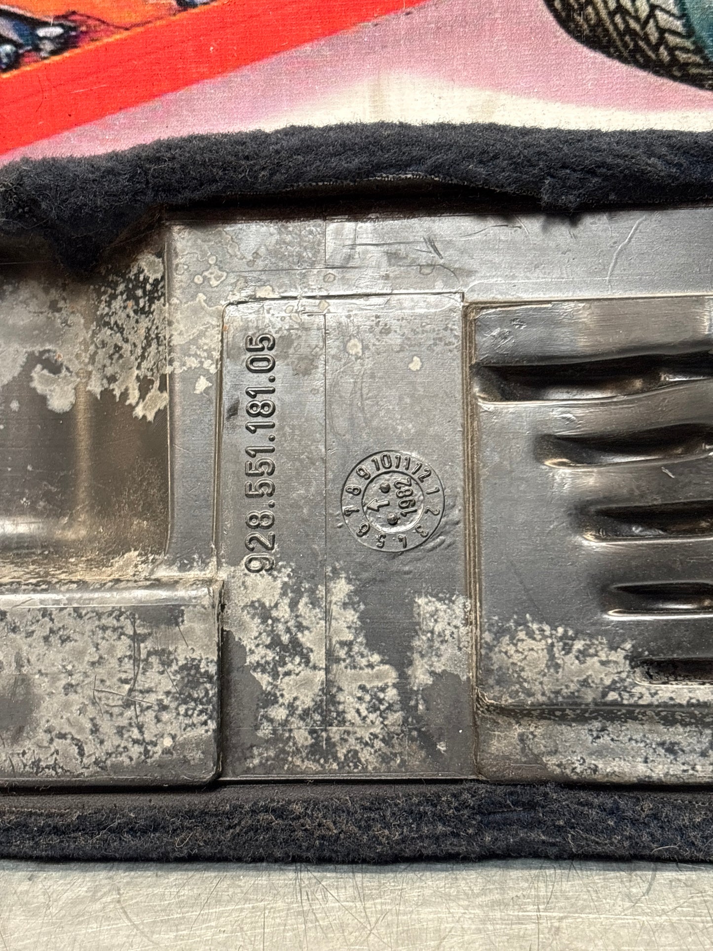 Porsche 928 blue carpeted Tool kit panel cover, used 92855118105